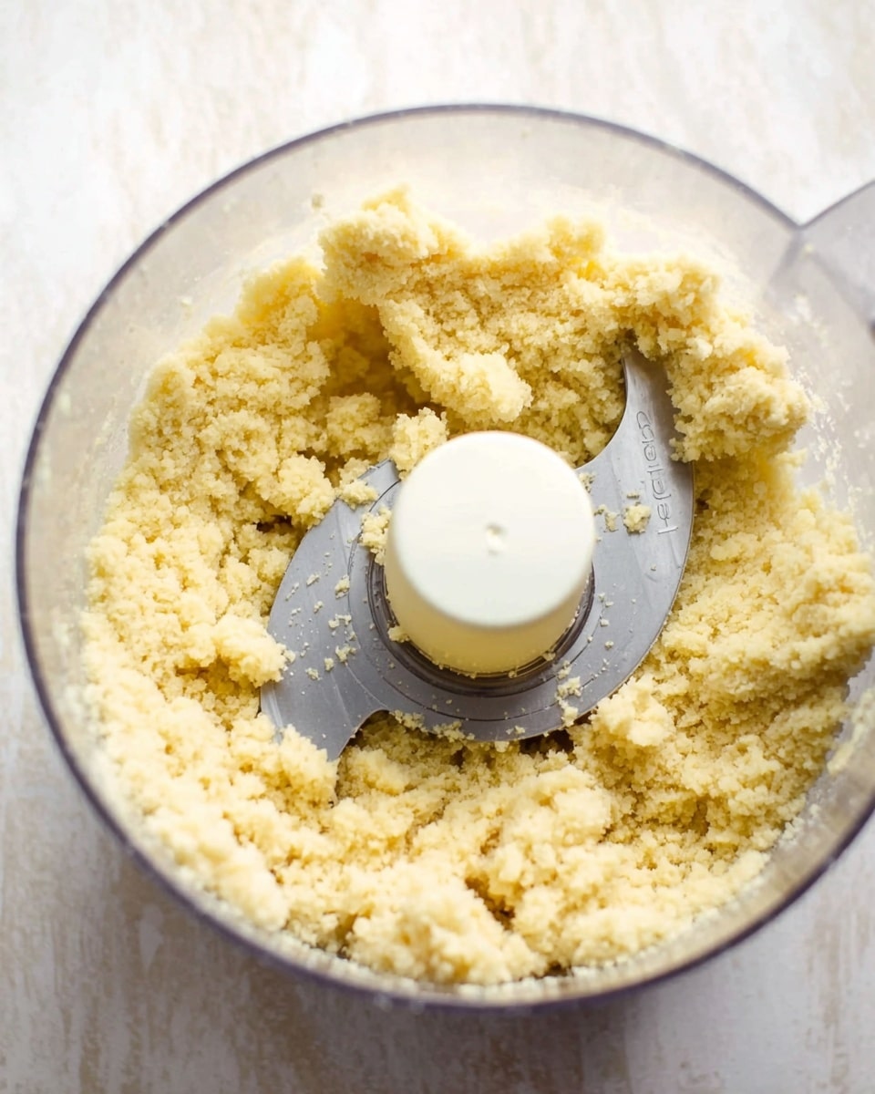 The image shows a close-up of a food processor bowl filled with pale yellow crumbly dough. The dough is scattered evenly around the central white and gray blade part, with a grainy texture visible throughout. The bowl is clear, and the natural yellowish dough contrasts with the white central piece and light background, which appears as a white marbled texture underneath. Photo taken with an iphone --ar 4:5 --v 7