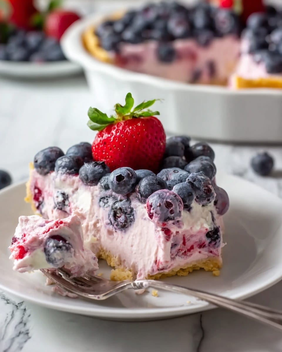 A slice of creamy berry tart rests on a white plate, topped with whole fresh blueberries and a single red strawberry with green leaves on top. The tart slice has three main layers: a golden crust at the bottom, a thick middle layer of light pink creamy filling mixed with blueberries, and a top layer fully covered by fresh blueberries and strawberries. Part of the creamy filling shows a smooth, soft texture with berry bits inside. In the background, a white tart dish containing the remaining tart with a missing slice is visible on a white marbled surface. A silver fork holds a bite of the creamy berry filling on the plate photo taken with an iphone --ar 4:5 --v 7