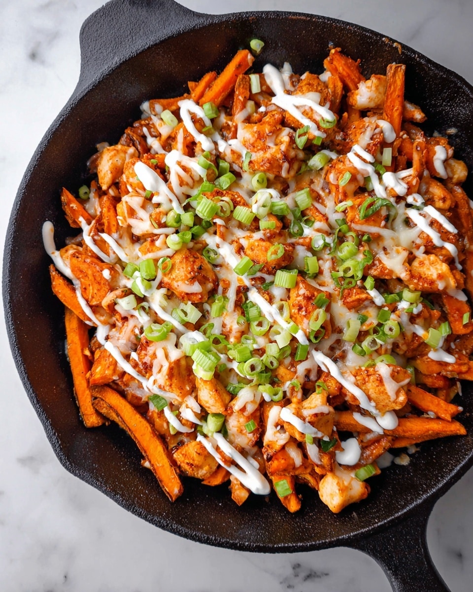 A black cast iron skillet filled with a layer of crispy orange sweet potato fries at the bottom, topped with small chunks of cooked chicken coated in a reddish sauce. The dish has melted white cheese sprinkled over the fries and chicken, with white creamy sauce drizzled in thin lines across the top. Bright green sliced scallions are scattered on top, adding a fresh pop of color. The skillet rests on a white marbled surface. photo taken with an iphone --ar 4:5 --v 7