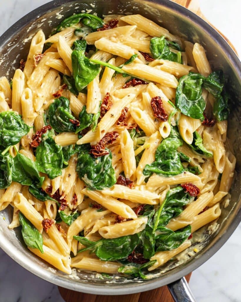 Creamy Garlic Steak Pasta with Sun-Dried Tomatoes and Spinach Recipe