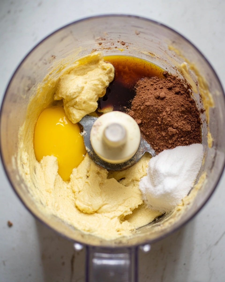 Inside a clear food processor bowl placed on a white marbled surface, several ingredients are layered but not mixed. Around the metal blade in the center, there is a smooth pale yellow batter covering most of the base. On the left side, a bright yellow raw egg yolk with its translucent white sits next to a dark amber liquid, likely vanilla extract. On the upper right, a pile of light brown cocoa powder rests beside a mound of fine white granulated sugar at the bottom right. The sides of the bowl have some residue of the pale yellow batter, and the whole setup looks ready for blending. Photo taken with an iphone --ar 4:5 --v 7