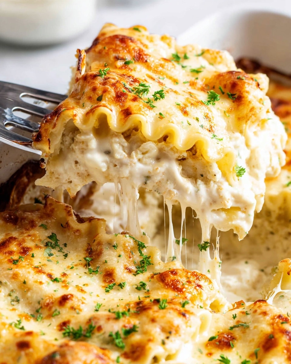 A close-up view of a white baking dish filled with rolled lasagna noodles, each layer covered in creamy white cheese sauce and melted cheese that stretches as one piece is being lifted with a metal utensil. The top layer is golden brown with slightly crisp edges and scattered with small bright green parsley bits for garnish. The white marbled surface is barely visible in the blurry background. photo taken with an iphone --ar 4:5 --v 7