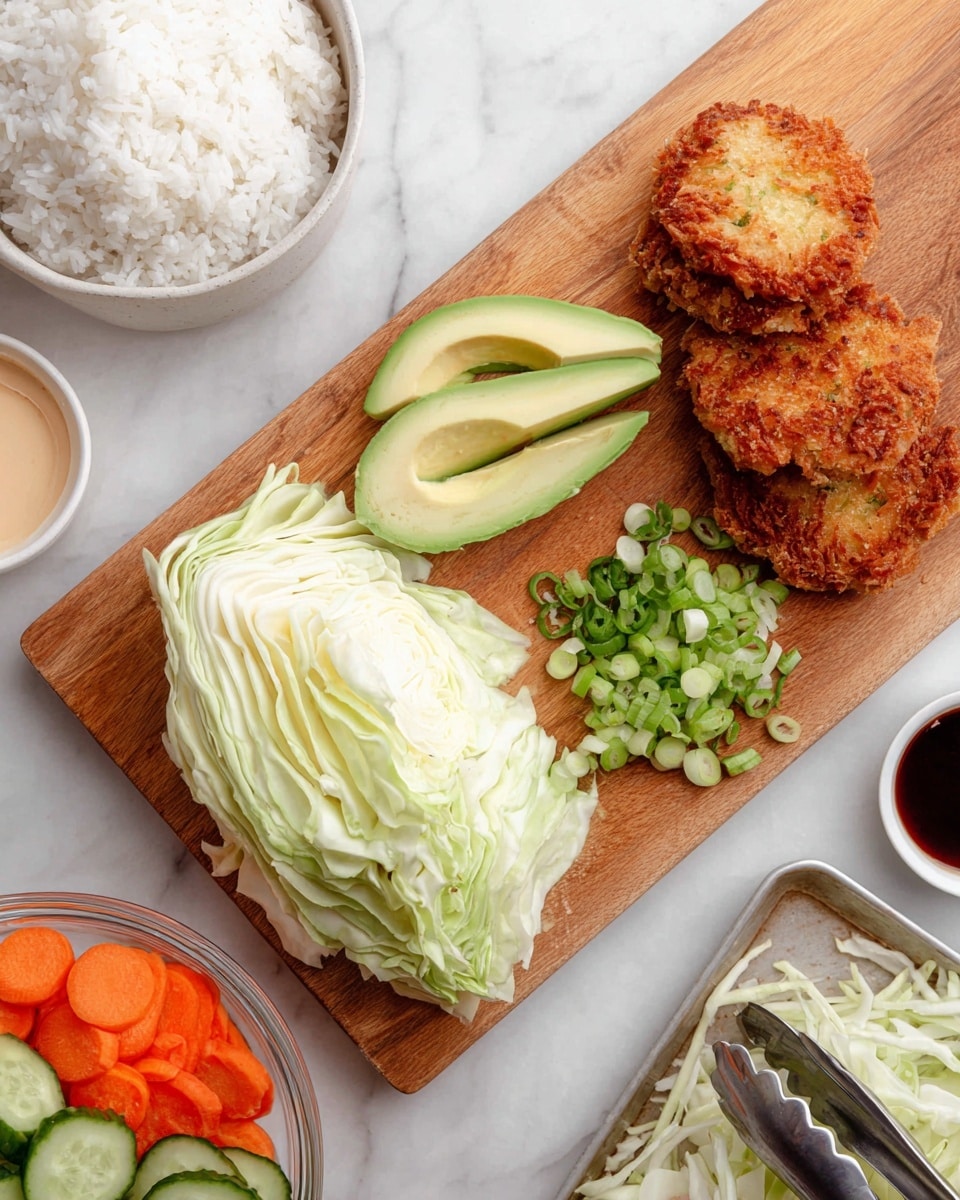 The image shows a wooden cutting board placed on a white marbled surface. On the cutting board, from left to right, there are thinly sliced light green cabbage layers, next to it are several slices of pale green avocado with a smooth texture, and on the right side are chopped green onions with their white and green parts. To the top right of the board, there are three golden brown crispy fried patties with a crunchy texture, sitting on a metal tray. Surrounding the board, on the left there is a bowl filled with white fluffy rice, on the bottom right corner there is a clear container filled with sliced cucumber and carrot rounds, and on the top left corner, there is a small white bowl with a light orange creamy sauce. Another small white bowl with a dark sauce is on the right side. A woman's hand holding tongs is partially visible near the fried patties. Photo taken with an iphone --ar 4:5 --v 7