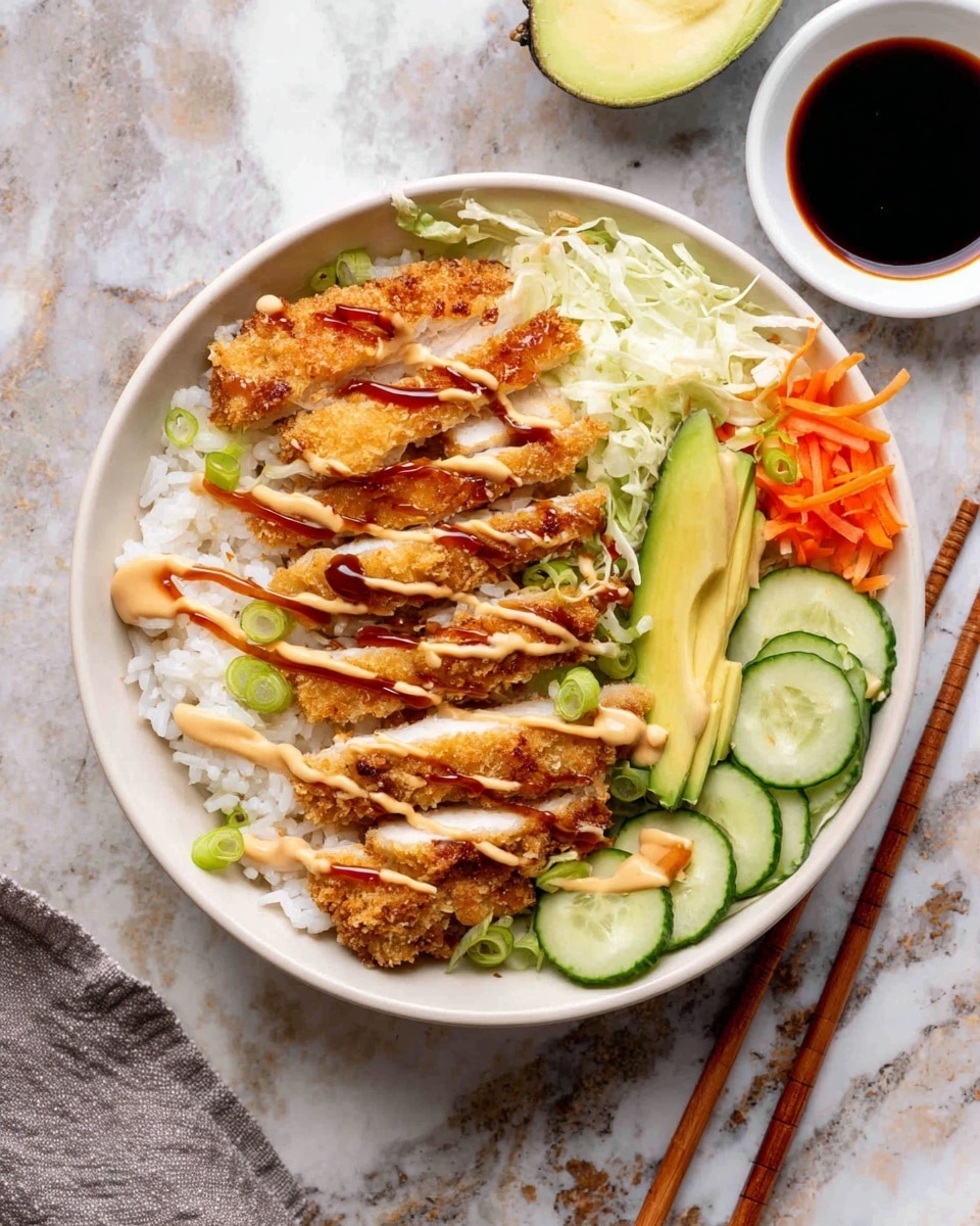 A white bowl sits on a white marbled surface, filled with layers starting at the bottom with white rice. On top, there are five slices of golden brown crispy fried chicken arranged in a row, drizzled with creamy light orange sauce and a dark brown sauce. Around the chicken, there are thin light green cabbage strips on one side and small round slices of cucumber and carrot scattered around the bowl. A smooth slice of bright green avocado rests on the side, also topped with a light drizzle of sauce. Thin green scallion pieces are sprinkled over the chicken and vegetables. Near the bowl, there is a small white dish with dark soy sauce and a pair of wooden chopsticks. The photo taken with an iphone --ar 4:5 --v 7