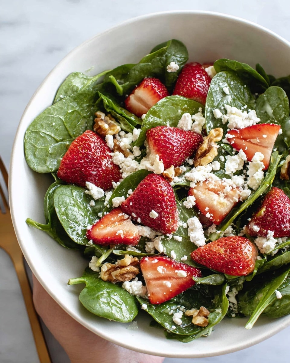 The image shows a close-up of a fresh salad in a white bowl on a white marbled surface. The salad has three main layers: the bottom layer is fresh, dark green spinach leaves with visible veins and a slightly shiny texture; the middle layer includes bright red strawberry halves, scattered evenly across the salad, showing their juicy interiors; the top layer consists of crumbly white cheese sprinkled over the salad along with small golden-brown walnut pieces adding a rough texture. The salad looks light and colorful, placed slightly off-center, with a woman’s hand holding the bowl from the side. Photo taken with an iphone --ar 4:5 --v 7