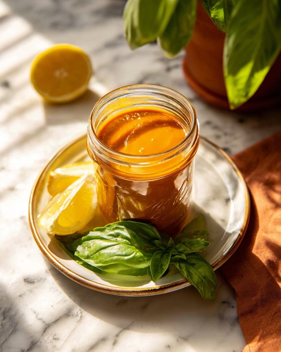 A glass jar filled with smooth, thick orange sauce sits on a white plate. Bright green basil leaves rest next to the jar, and two light yellow lemon wedges are also on the plate and nearby. The scene is set on a white marbled surface with warm sunlight casting soft shadows across the items, showing texture and gloss on the sauce inside the jar. photo taken with an iphone --ar 4:5 --v 7