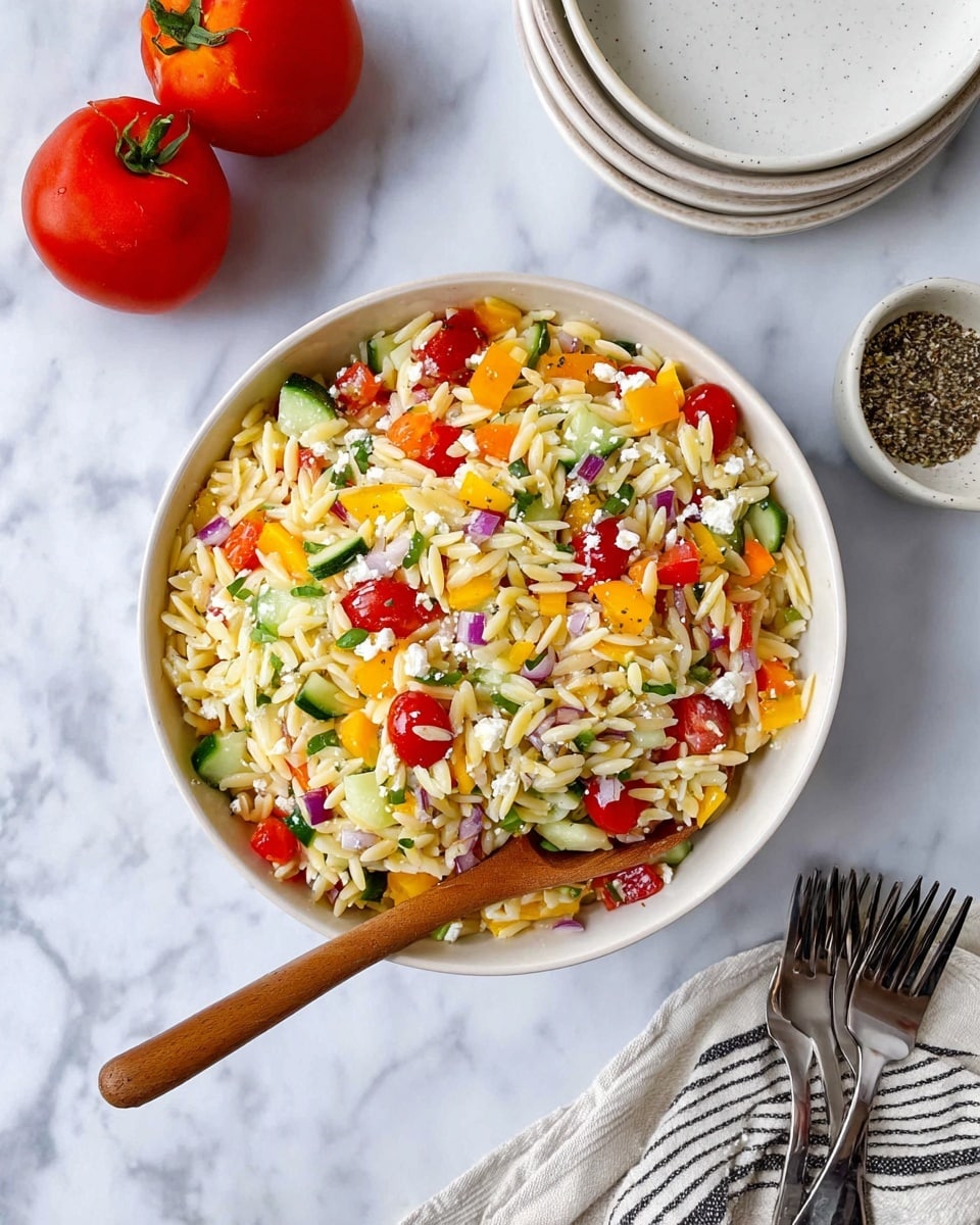A white bowl filled with a colorful orzo pasta salad sits on a white marbled surface. The salad has three main layers: a base of pale yellow orzo pasta, a middle layer of bright vegetable pieces including red cherry tomatoes, orange and yellow bell peppers, green cucumber chunks, and small bits of purple onion, and a top layer of white feta cheese crumbles mixed throughout with specks of black pepper. A wooden spoon rests in the bowl with its handle sticking out to the right. Nearby on the surface are two whole red tomatoes, a folded striped cloth, a small white bowl with black pepper, and three stacked white plates on the upper right. Two forks lie crossed below the plates. The scene is bright and fresh. Photo taken with an iphone --ar 4:5 --v 7