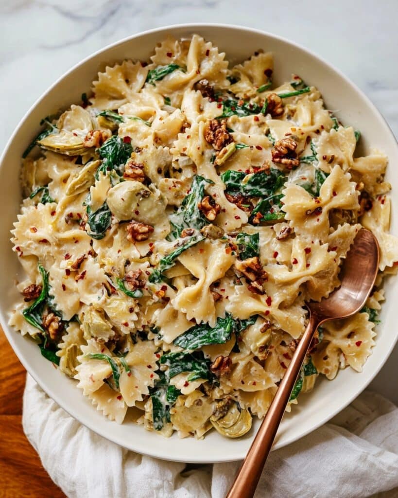 Creamy Pasta with Sun-Dried Tomatoes, Artichokes, Spinach, and Toasted Walnuts Recipe