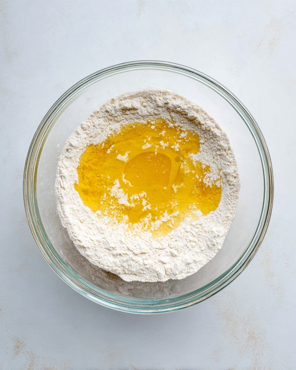 A clear glass bowl sits on a white marbled surface, filled with two visible layers. The bottom layer is a mound of white flour, evenly spread across the bowl’s base. On top, there is a pooling layer of bright yellow melted butter that partially soaks into the flour, creating a slightly uneven, shiny texture. The bowl’s transparent sides allow a clear view of the layers inside. The light and soft shadows emphasize the bowl’s round shape, making the ingredients look fresh and ready to mix photo taken with an iphone --ar 4:5 --v 7