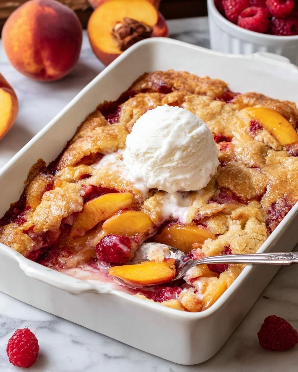 A white bowl contains a peach cobbler dessert with visible layers of soft, golden-brown baked dough mixed with bright orange and pink peach slices and red raspberries, all warm and juicy. On top of the cobbler is a single scoop of smooth, creamy white vanilla ice cream. A silver spoon rests inside the bowl on the right side. Surrounding the bowl on a wooden surface are fresh whole peaches and several raspberries, with a white marbled textured cloth visible at the bottom right. In the top right corner, a white baking dish holds the remaining peach cobbler with a golden crust and scattered peach slices peeking through. Photo taken with an iphone --ar 4:5 --v 7