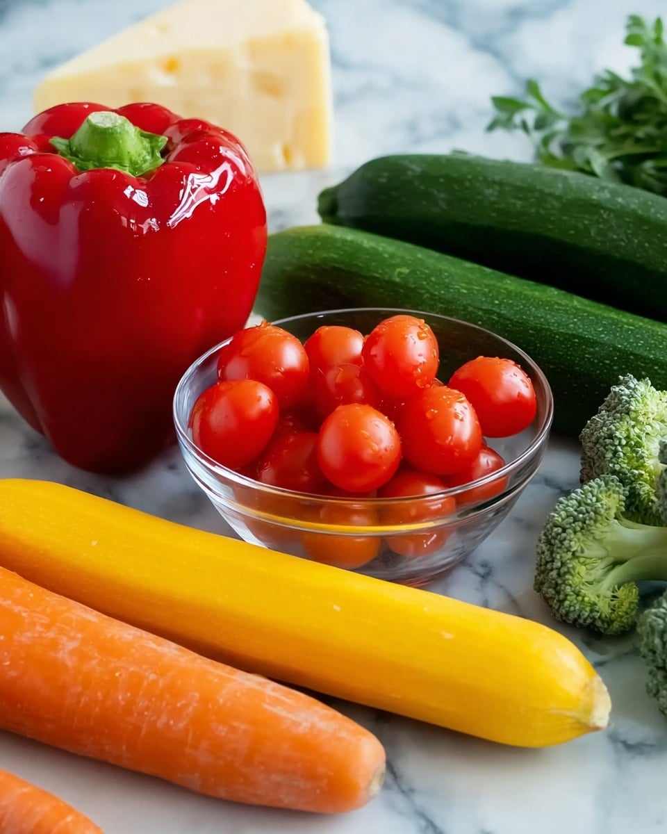 A clear glass bowl filled with small bright red grape tomatoes is placed on a white marbled surface, next to a large shiny red bell pepper standing upright. In front of them lies a long orange carrot, a yellow squash, and a green zucchini, all aligned horizontally. Behind the vegetables, there is a piece of hard yellow cheese on the left and a bunch of green broccoli on the right. Some fresh green herbs are partially visible on the far right on the white marbled surface photo taken with an iphone --ar 4:5 --v 7