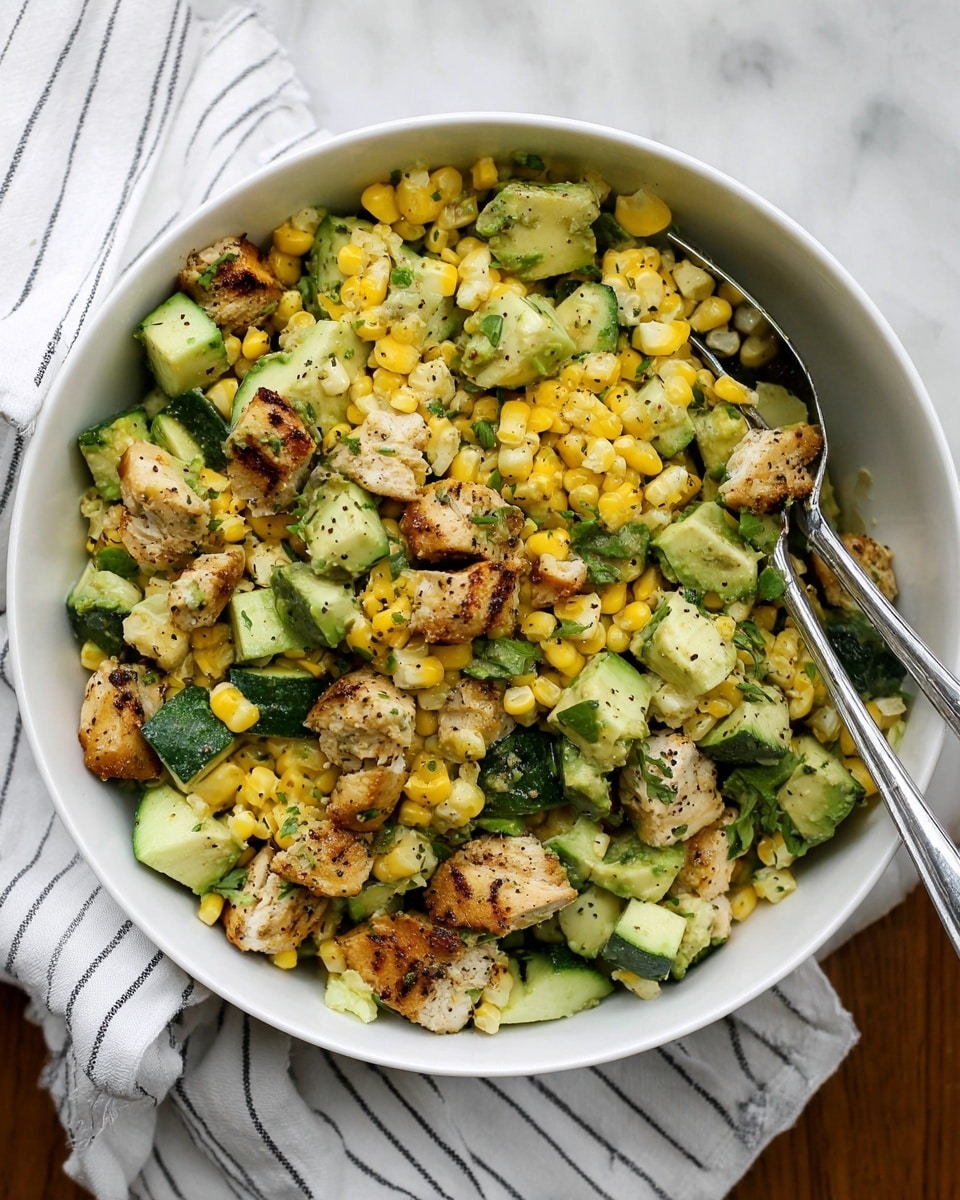 A white bowl filled with a colorful salad featuring three main layers: bright yellow corn kernels and chopped grilled chicken pieces with light brown grill marks form the base, mixed with vibrant green chunks of avocado and cucumber pieces scattered evenly throughout. The textures vary from the soft chicken and avocado to the firm cucumber and juicy corn, all lightly sprinkled with black pepper and fresh herbs. Two silver forks rest inside the bowl on a white marbled surface, and a white cloth with thin black stripes partially shows at the edge. Photo taken with an iphone --ar 4:5 --v 7