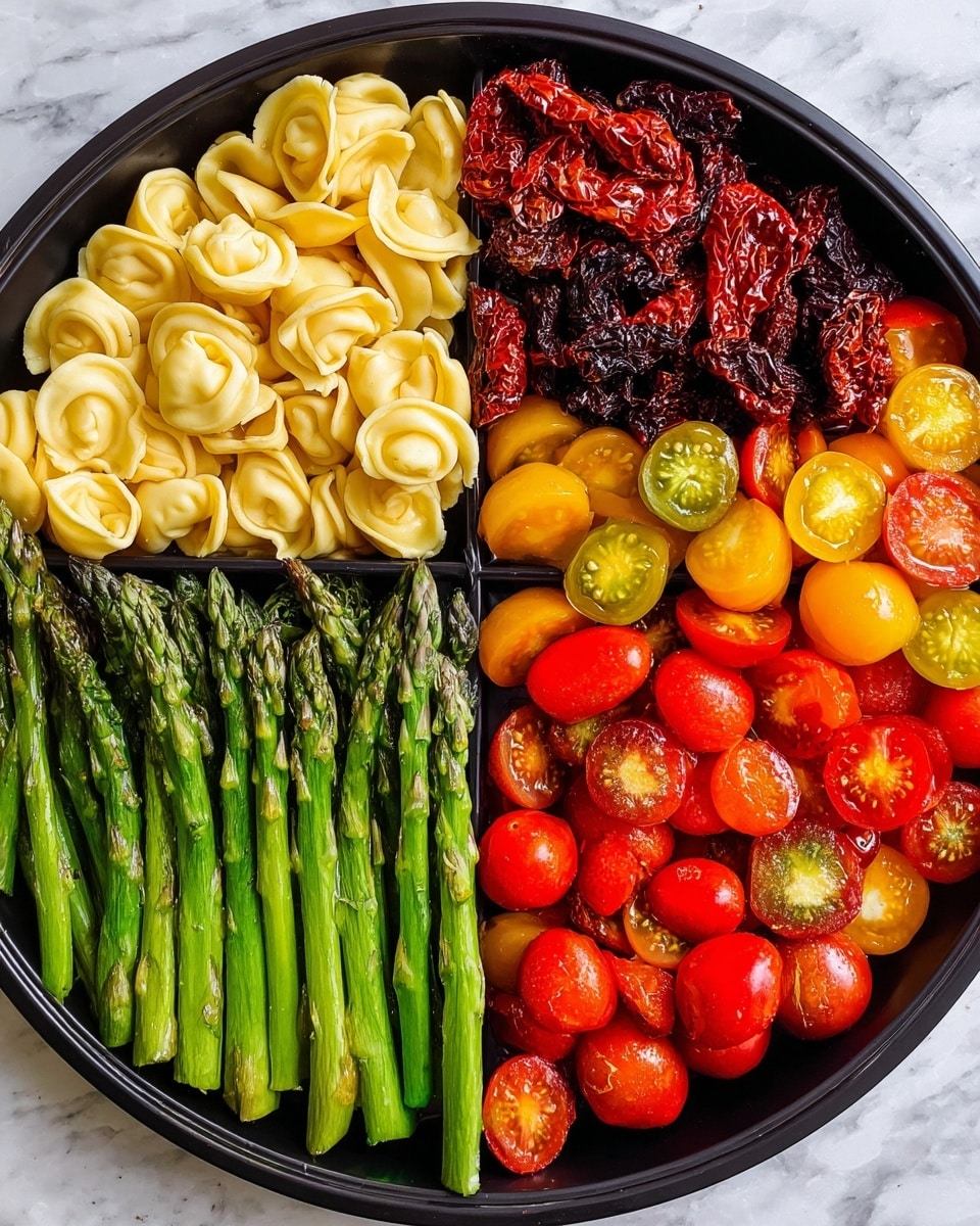 A round black tray is neatly divided into five sections, each filled with fresh colorful ingredients arranged side by side. Starting from the top left, there is a pile of small pale yellow tortellini with smooth texture, next to deep red sun-dried tomatoes with wrinkled texture. To the right, bright yellow halved cherry tomatoes with shiny, juicy interiors fill one section, while below them, vibrant red halved cherry tomatoes are arranged. The bottom left section holds fresh green asparagus spears stacked in a straight line with pointed tips facing inward. The tray sits on a white marbled surface. Photo taken with an iphone --ar 4:5 --v 7