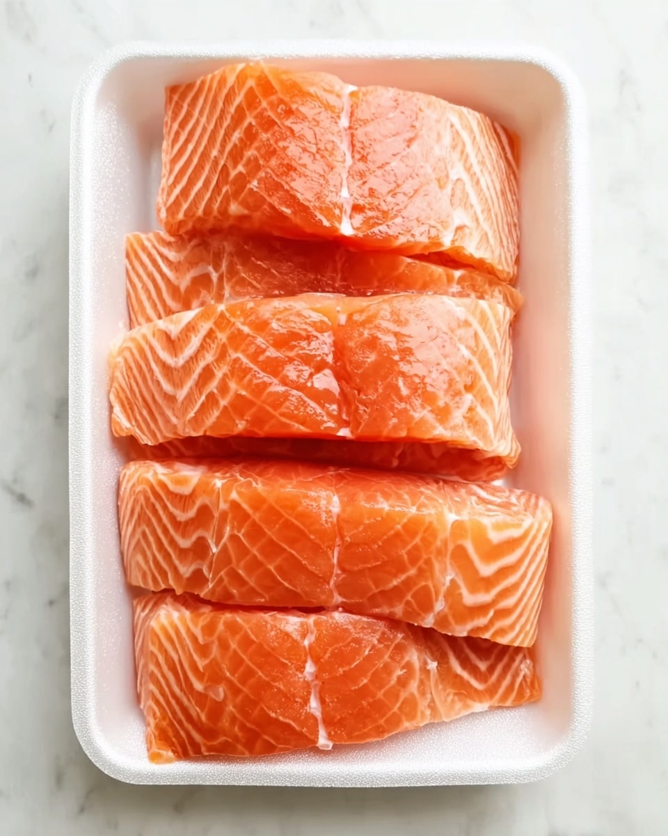 The image shows six pieces of raw salmon fillets placed neatly inside a white foam tray. The salmon has a bright orange color with white lines of fat running through it, giving a striped texture. The pieces are stacked in two layers, with three fillets on the bottom and three fillets on top, filling the tray fully. The tray is set on a white marbled surface. The salmon looks fresh and moist, with a smooth and shiny texture. photo taken with an iphone --ar 4:5 --v 7