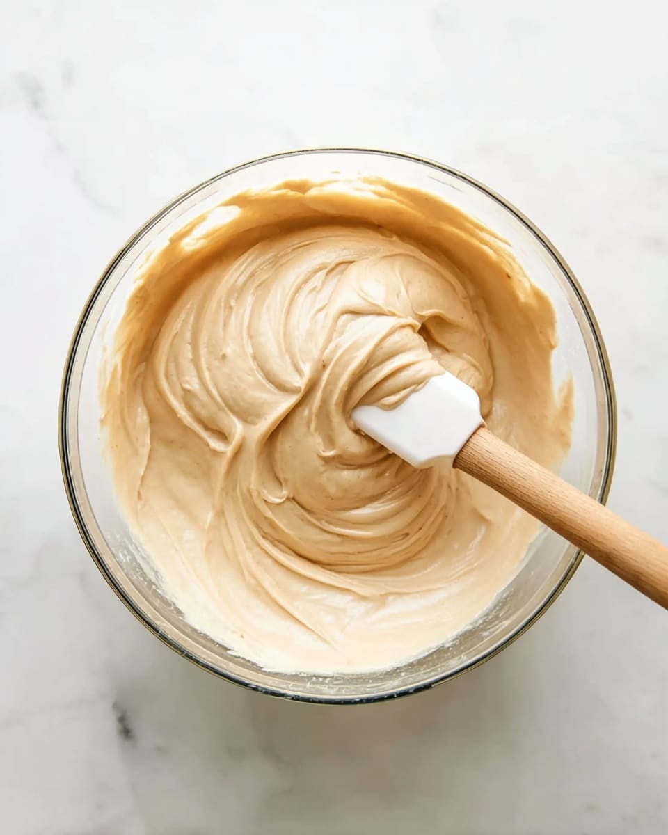 A clear glass bowl sits on a white marbled surface filled with smooth, light beige batter that has a creamy, thick texture. A wooden spatula with a white silicone tip is partly lifted from the batter, showing soft folds and swirls in the mixture that highlight its fluffiness and softness. Photo taken with an iphone --ar 4:5 --v 7