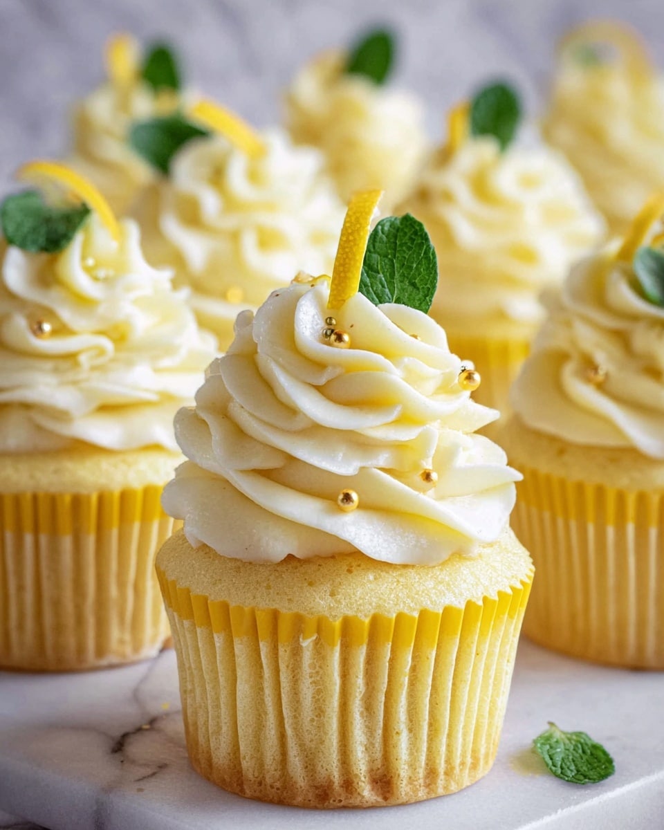 A single yellow cupcake with white polka dots on the white cupcake liner forms the base, topped with a thick swirl of creamy white frosting with small green specks, decorated with three small gold spherical sprinkles and a small green leaf on the right side; a small thin slice of lemon sits on top of the frosting, slightly tilted; the cupcake is placed on a white marbled surface with some green leaves blurred in the background and more cupcakes out of focus behind it; photo taken with an iphone --ar 4:5 --v 7