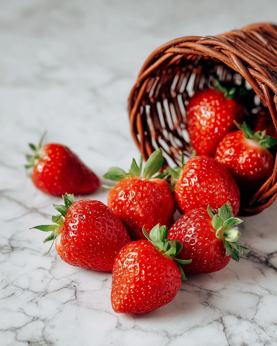 A small brown wicker basket tipped over on a white marbled surface with bright red strawberries spilling out. The strawberries are fresh and shiny, each with green leafy tops, some showing detailed seeds and textures on their skin. The scene highlights the vibrant red color of the fruit against the clean, white marble background. Photo taken with an iphone --ar 4:5 --v 7