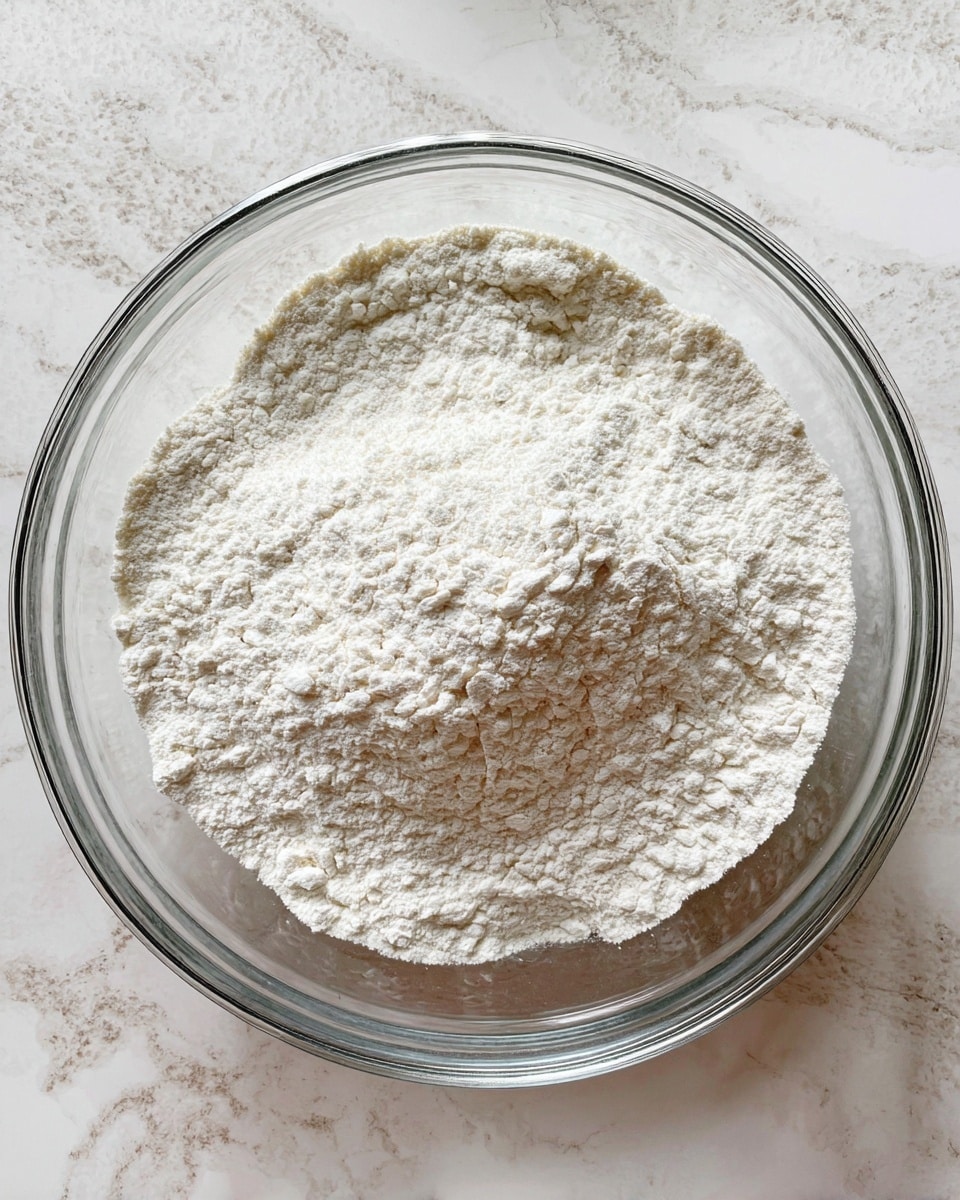A clear glass bowl filled with a single layer of fine white flour that shows soft, uneven textures on the surface with slight mounds and small cracks, placed on a white marbled texture surface. The top-down view focuses closely on the flour's powdery, smooth appearance inside the bowl. photo taken with an iphone --ar 4:5 --v 7