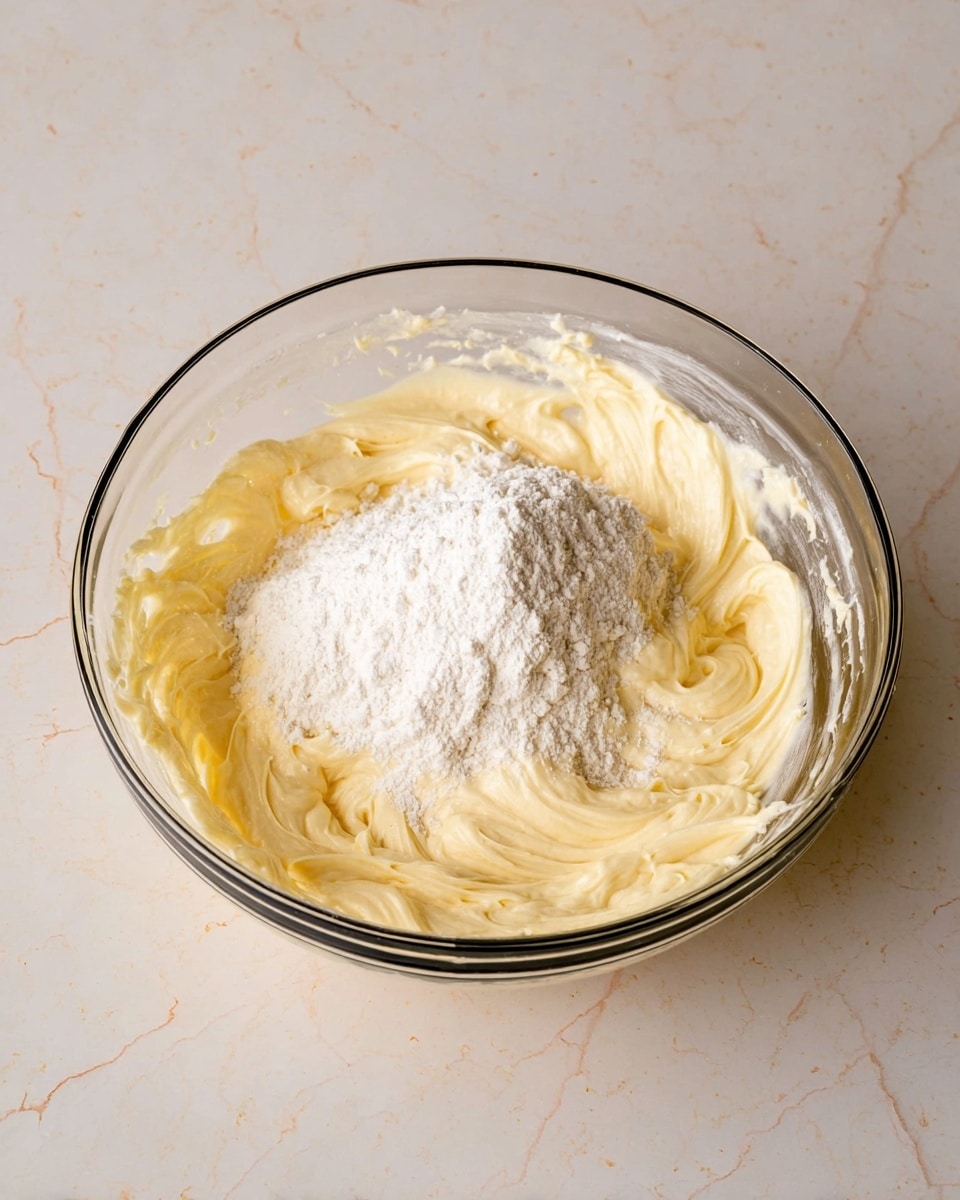 A clear glass bowl sits on a white marbled surface, filled with creamy light yellow batter that has a smooth and thick texture, swirling gently. On top of the batter is a mound of fine white powder ready to be mixed in. The bowl’s sides show streaks of the batter, emphasizing its creamy consistency. photo taken with an iphone --ar 4:5 --v 7
