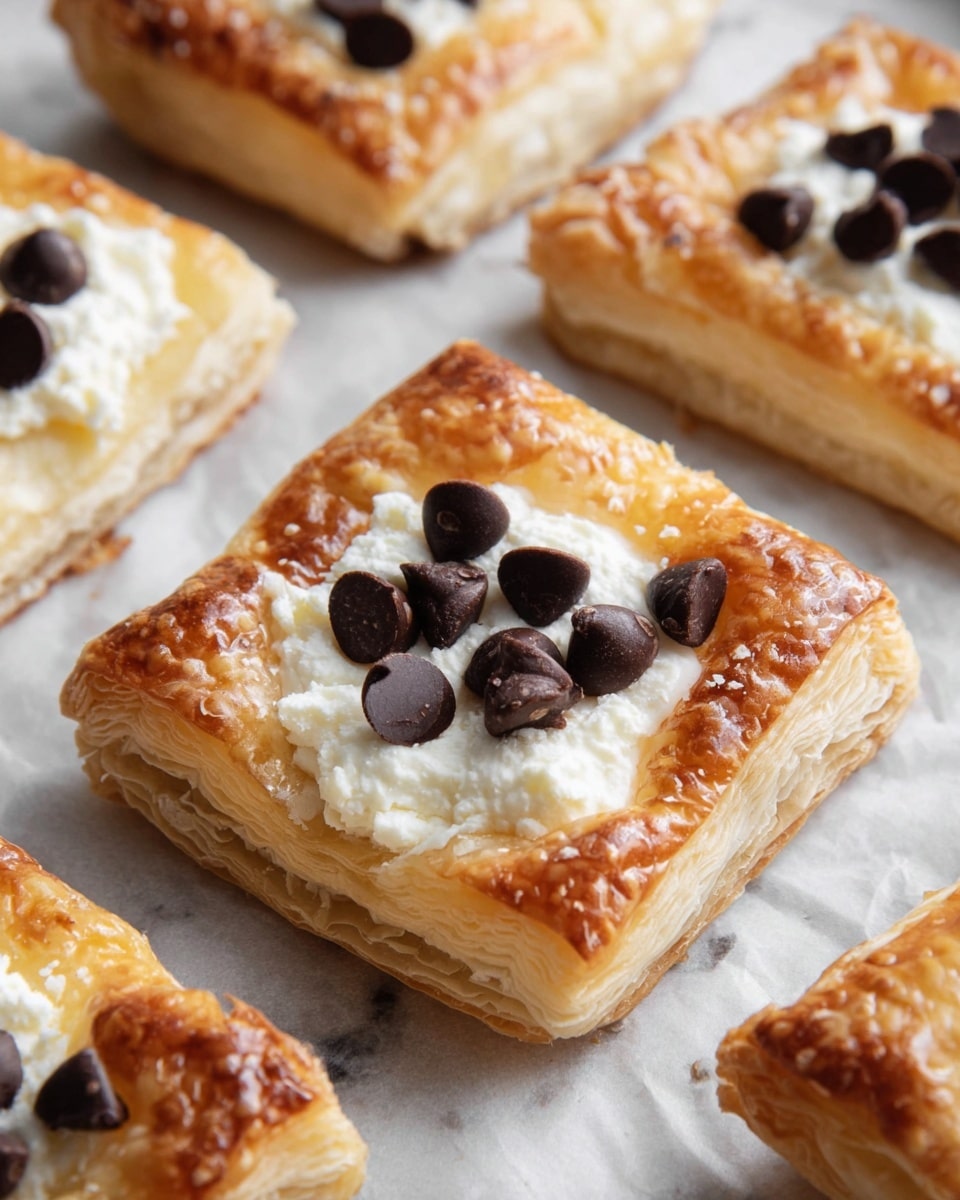 The image shows small square pastries with three visible layers: the bottom layer is light golden with a crispy, flaky texture; the middle layer is a creamy white filling that looks soft and smooth; the top layer has several dark brown chocolate chips scattered in the center. The pastries are placed closely on a sheet of white parchment paper on a white marbled surface. The edges of the pastries have a shiny, golden brown color with a slight crispiness. photo taken with an iphone --ar 4:5 --v 7