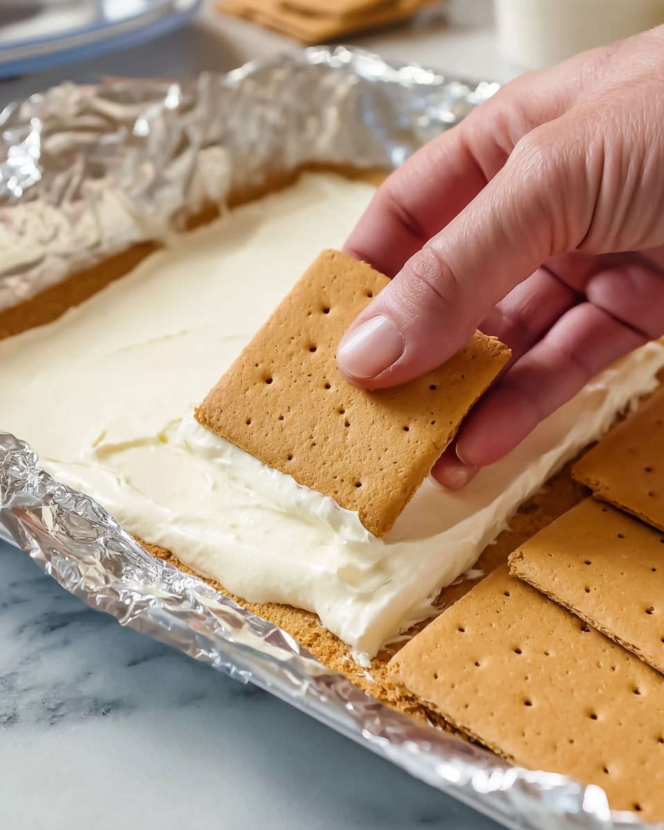 A close-up image showing a woman's hand placing a square layer of light brown graham cracker with small holes and a slightly rough texture on top of a thick layer of smooth, creamy white filling spread evenly inside a rectangular baking pan lined with shiny aluminum foil. More graham crackers are already laid beside the one being placed. The background is a white marbled surface with some kitchen items blurred out. photo taken with an iphone --ar 4:5 --v 7