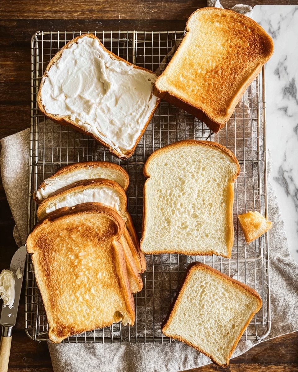 The image shows a rectangular cooling rack with slices of white bread arranged on it; three slices are plain and fresh at the bottom left, two slices of golden toasted bread placed at the bottom right, one slice of golden toasted bread with light cream spread on top positioned at the top left, and smaller pieces of toasted bread with cream at the top right. There is a silver butter knife with some cream near the bottom center, and the rack is on a beige cloth over a dark wooden table. The background is replaced with a white marbled texture. Photo taken with an iphone --ar 4:5 --v 7