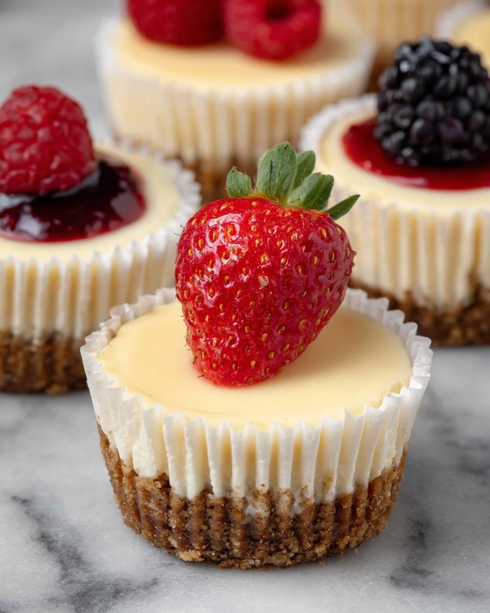 The image shows small cheesecake cups, each with three layers: a bottom crumbly brown crust, a thick creamy pale yellow cheesecake layer in the middle, and a bright fresh berry on top for decoration. One cheesecake has a shiny red strawberry with green leaves, another has a small red raspberry, and another shows a dark blackberry on a spread of red sauce. All cheesecakes are wrapped in white crinkled paper cups and rest on a white marbled surface. Photo taken with an iphone --ar 4:5 --v 7
