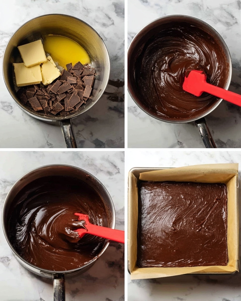 The image shows a four-step process of making chocolate batter. The top left part has a stainless steel pot with yellow butter, cream, and dark brown chopped chocolate pieces on a white marbled surface. The top right part shows the same pot with smooth, shiny dark chocolate mixture stirred by a red spatula. The bottom left part again features the pot with thick, glossy chocolate batter being mixed by the red spatula, with a touch of butter melting visible. The bottom right part shows a square baking pan lined with light brown parchment paper filled evenly with dark, shiny chocolate batter, sitting on a white marbled surface. photo taken with an iphone --ar 4:5 --v 7