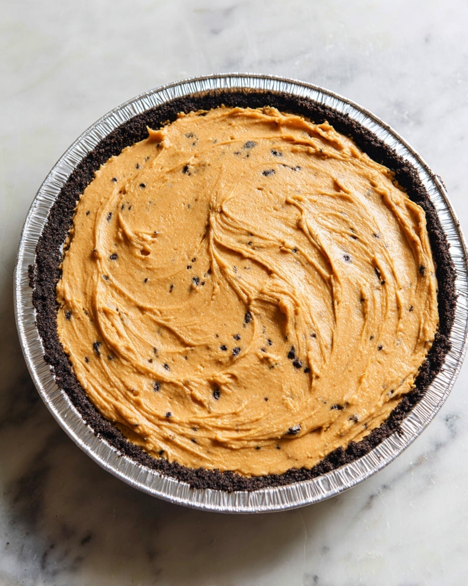 The image shows a round pie in a shiny aluminum foil pan, placed on a white marbled surface. The pie has two visible layers: the bottom crust is dark brown, almost black, with a rough texture, and the top layer is a thick, smooth orange filling with small dark specks spread throughout. The orange layer has swirled patterns made by a utensil, giving it a creamy and soft look. The pie fills almost the entire pan and is evenly spread. photo taken with an iphone --ar 4:5 --v 7