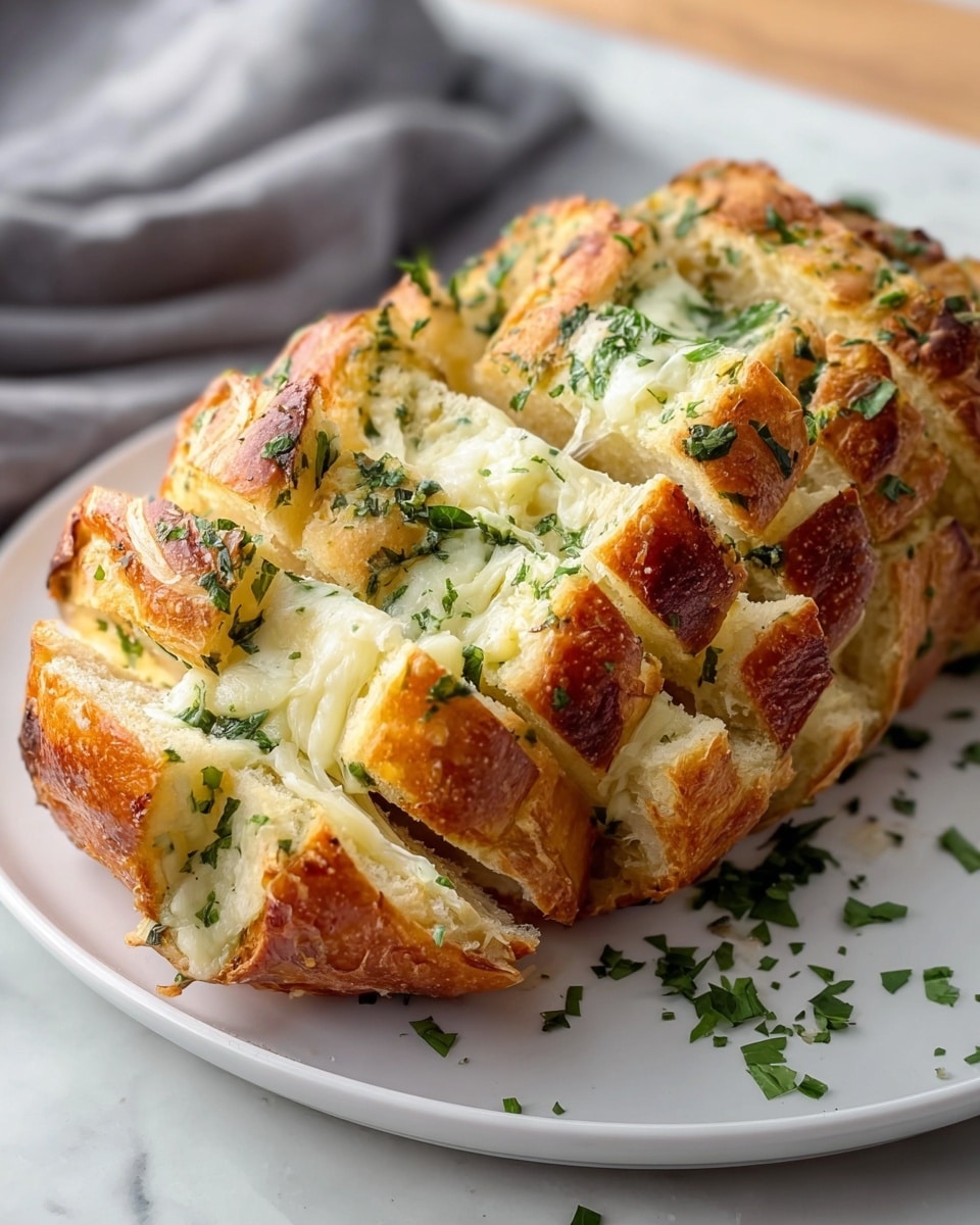 A loaf of golden-brown bread sliced deeply with melted white cheese inside each cut, sprinkled with fresh bright green herbs on top and between the slices, placed on a white plate on a white marbled surface. The bread crust looks crispy with a shiny, slightly toasted texture, while the inside is soft and filled with creamy cheese and green herb bits that add color contrast. Some herbs are scattered on the plate around the bread, and a soft gray cloth is blurred in the background. photo taken with an iphone --ar 4:5 --v 7