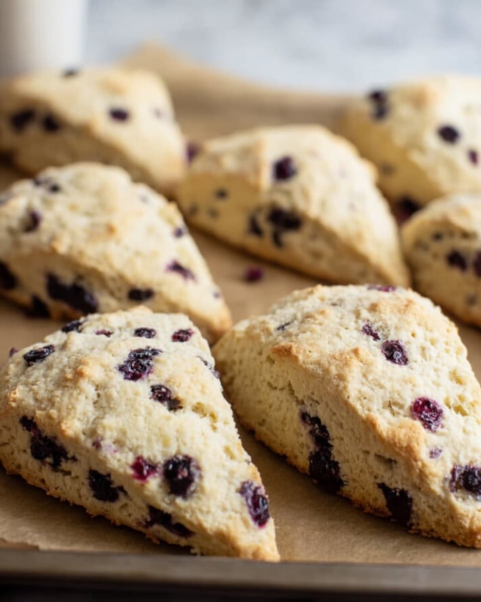 The image shows several triangular scones placed close together on a baking tray lined with brown parchment paper. The scones have a light golden-brown color with a soft, crumbly texture. Small dark berries are scattered evenly inside each scone, adding hints of dark purple and black spots. The background has a white marbled surface, giving a clean and bright look. photo taken with an iphone --ar 4:5 --v 7