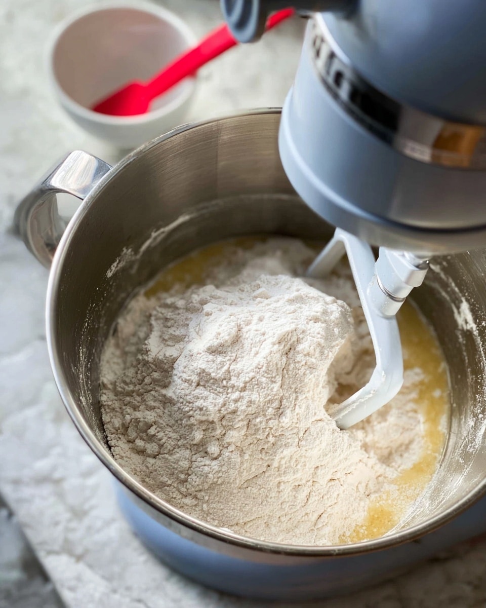 A close-up view of a large silver mixing bowl attached to a stand mixer, filled with one thick layer of white flour on top of a yellowish liquid mixture. The mixer’s white paddle is partially visible, immersed in the ingredients. The scene is set on a white marbled textured surface with a small white bowl with a red spatula blurred in the background. photo taken with an iphone --ar 4:5 --v 7