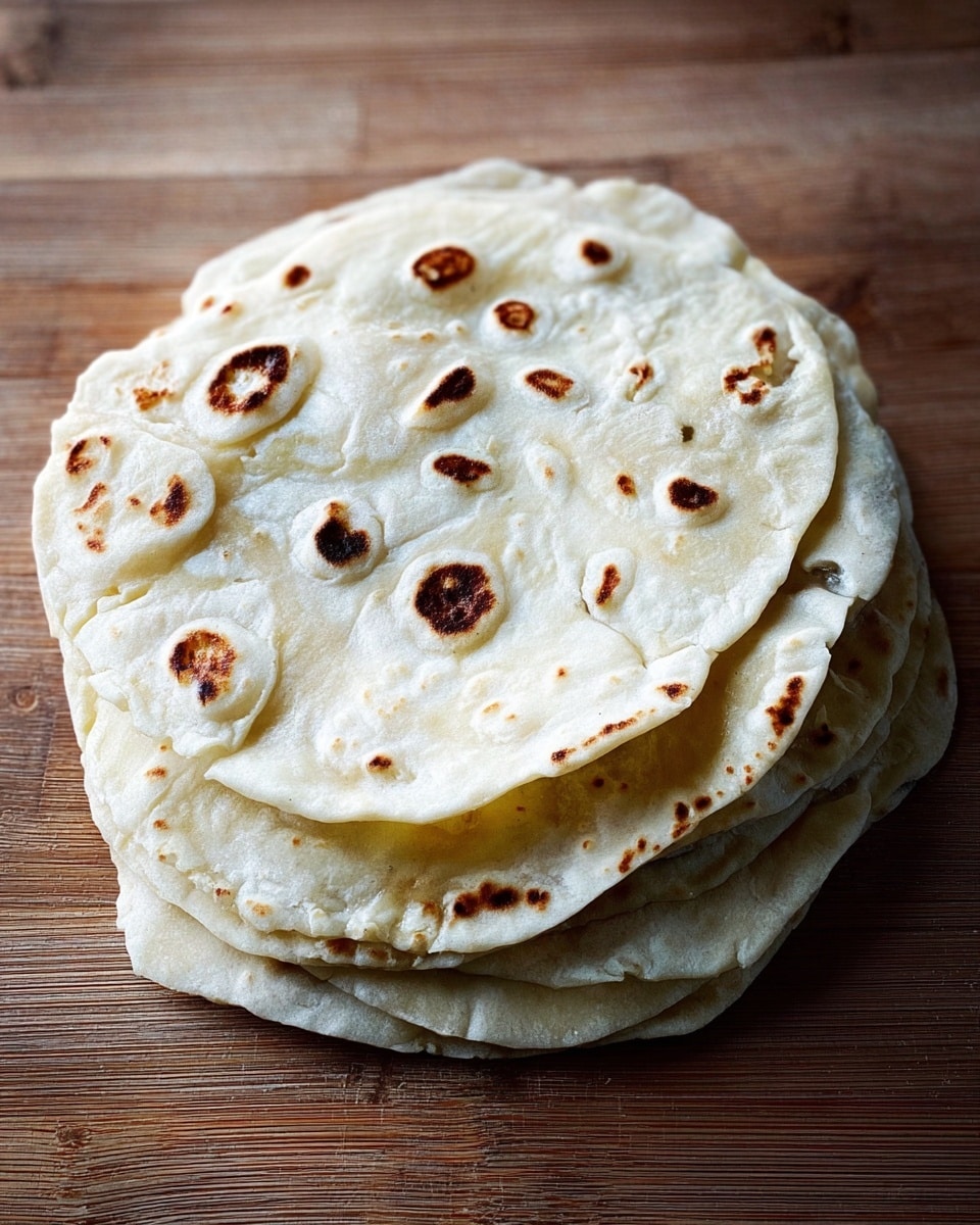 A stack of five light beige flatbreads with some brown char marks spread irregularly on each flatbread's surface, showing a soft and thin texture with small air pockets. They are placed on a wooden background with visible grain lines. The flatbreads are round but a little uneven on the edges, overlapping each other with the top one slightly curled at the edge. photo taken with an iphone --ar 4:5 --v 7