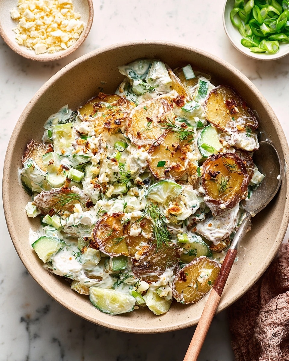 The image shows a large beige bowl filled with a creamy potato salad. The salad has two visible layers: the bottom layer has toasted potato slices with crisp, dark brown edges and soft, golden centers. The top layer is a thick white sauce mixed with chopped green vegetables like cucumbers and scallions, along with bits of fresh herbs and crumbled cheese, creating a varied texture. A metal spoon with a brown wooden handle rests inside the bowl, partly immersed in the salad. In the background, there is a small white bowl with crumbled cheese and a square white bowl with chopped green onions, all set on a white marbled surface. Photo taken with an iphone --ar 4:5 --v 7