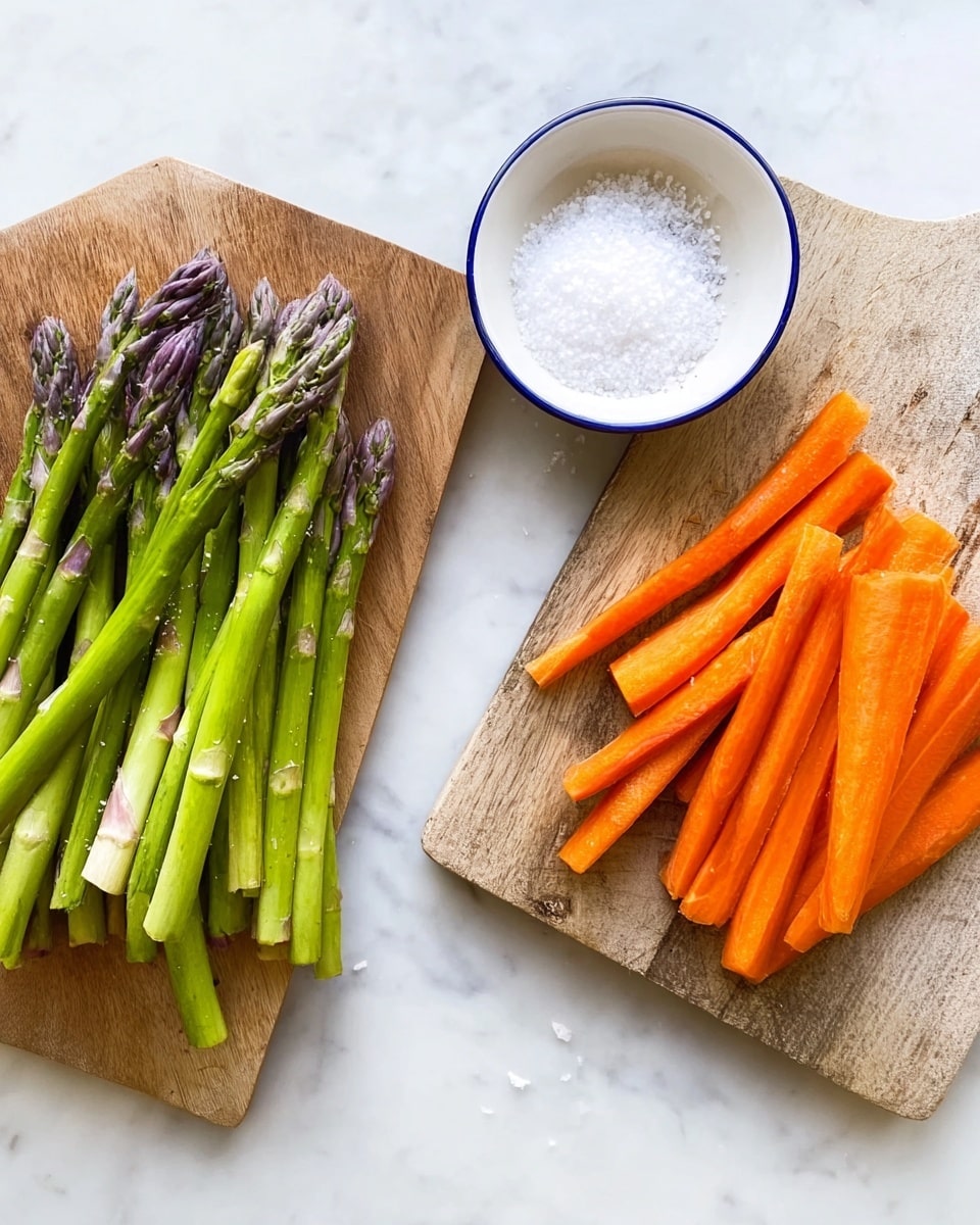 A white decorative plate holds two layers of cooked green asparagus and orange carrot sticks mixed and arranged randomly. The vegetables look shiny and tender with slight dark grill marks and small black pepper dots, showing a light seasoning. The tips of the asparagus are textured and slightly darker green, while the carrots are smooth with a vibrant orange color. The plate is set on a white marbled surface with a small white cup filled with coarse salt nearby. photo taken with an iphone --ar 4:5 --v 7