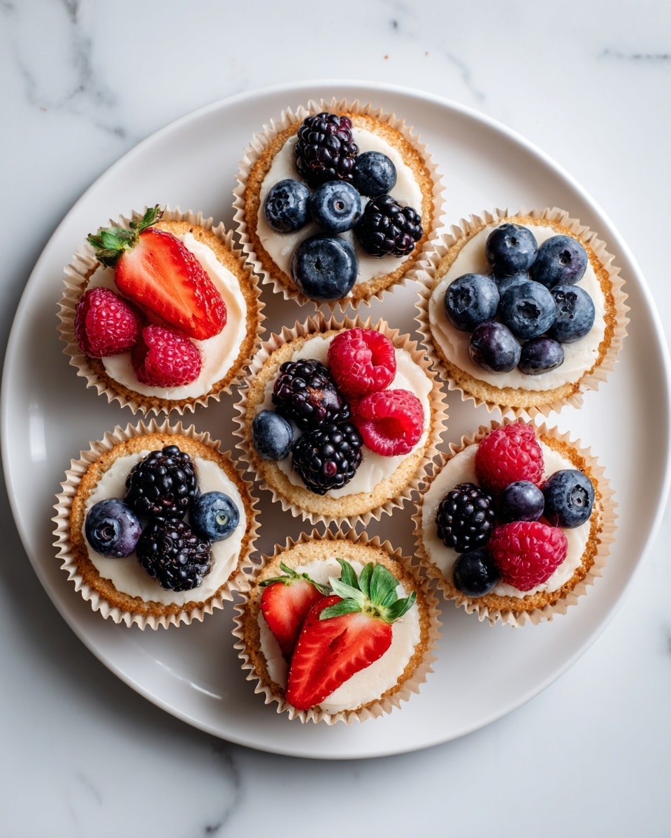 A close-up view of six small desserts in brown paper liners arranged on a round white plate. Each dessert has a smooth creamy white base, topped with fresh fruit: sliced bright red strawberries, deep blue blueberries, a single red raspberry, and a dark purple blackberry. The plate sits on a white marbled surface with a blue and white striped cloth nearby. In the top right corner, there is a white bowl filled with blueberries. The image is bright and colorful, focusing on the fresh fruit details and creamy texture. photo taken with an iphone --ar 4:5 --v 7