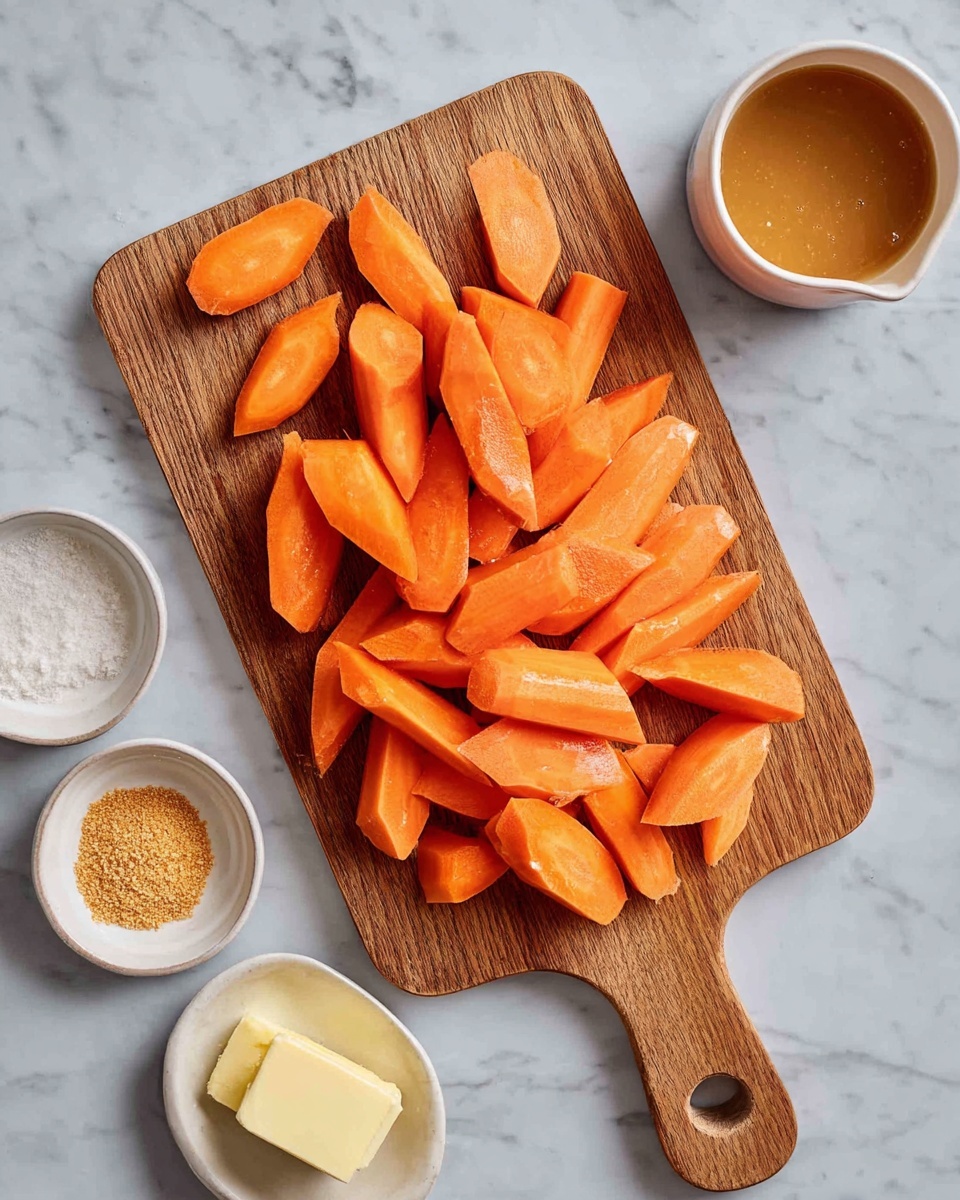 The image shows a wooden cutting board placed on a white marbled surface. On the board, there are many carrot pieces cut into different sizes and shapes, all bright orange with a fresh, smooth texture. The carrot pieces are scattered loosely across the board. Above the board, slightly to the right, there is a small white bowl filled with a light brown sauce or dressing. Around the board on the marbled surface, there are three small white bowls, each containing different ingredients: one bowl has a golden brown granular substance, another has a pale yellow stick of butter, and the last one has a white powdery ingredient. The whole scene is brightly lit and looks clean and fresh. Photo taken with an iphone --ar 4:5 --v 7