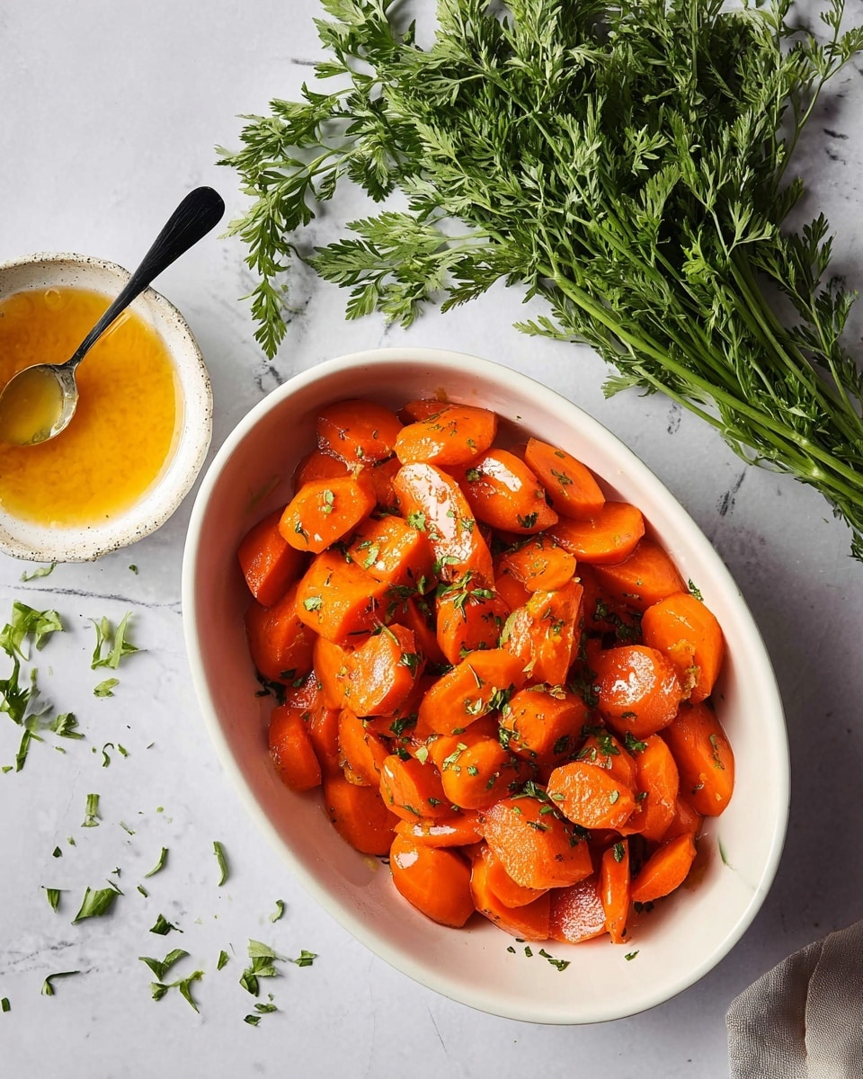 The image shows a white, oval bowl filled with bright orange cooked carrot pieces that have a shiny glaze and are sprinkled with small green herb bits. The carrot pieces are chunky and have a smooth texture. Next to the bowl, on the left, there is a small white bowl holding a golden sauce with a black spoon resting inside it. Behind the bowl of carrots, there is a bunch of fresh green carrot tops with feathery leaves spread out. The whole setup sits on a white marbled surface with some scattered small green leaves for decoration. photo taken with an iphone --ar 4:5 --v 7