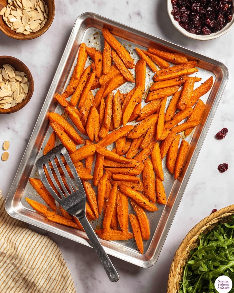 A silver baking tray filled with one layer of roasted carrot pieces that are cut into long, diagonal sticks showing a vibrant orange color with dark seasoning specks. The carrots have a slightly shiny, cooked texture and are scattered evenly across the tray. A metal spatula with a dark handle rests on the bottom left corner of the tray, partially under some carrots. The tray is placed on a white marbled surface. Around the tray, there is a small white dish filled with dark red dried cranberries at the top left, a small wooden bowl with sliced almonds on the left, and a wicker basket with green leafy arugula on the bottom right. A few arugula leaves are scattered on the white marbled surface near the top right corner. photo taken with an iphone --ar 4:5 --v 7