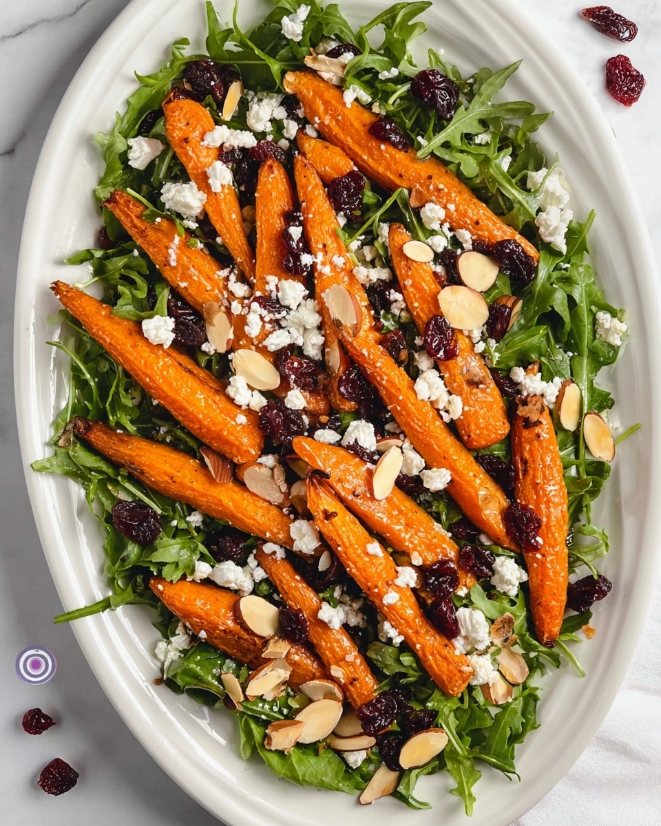 A white oval plate sits on a white marbled surface filled with a colorful salad. The bottom layer is a bed of fresh dark green leafy arugula. On top of the greens, there are bright orange roasted carrot wedges arranged evenly across the plate. Scattered over the carrots and greens are small white crumbles of cheese, thin beige almond slices, and bits of dark red dried cranberries. The colors of the ingredients contrast well against each other, creating a fresh and vibrant look. Photo taken with an iphone --ar 4:5 --v 7