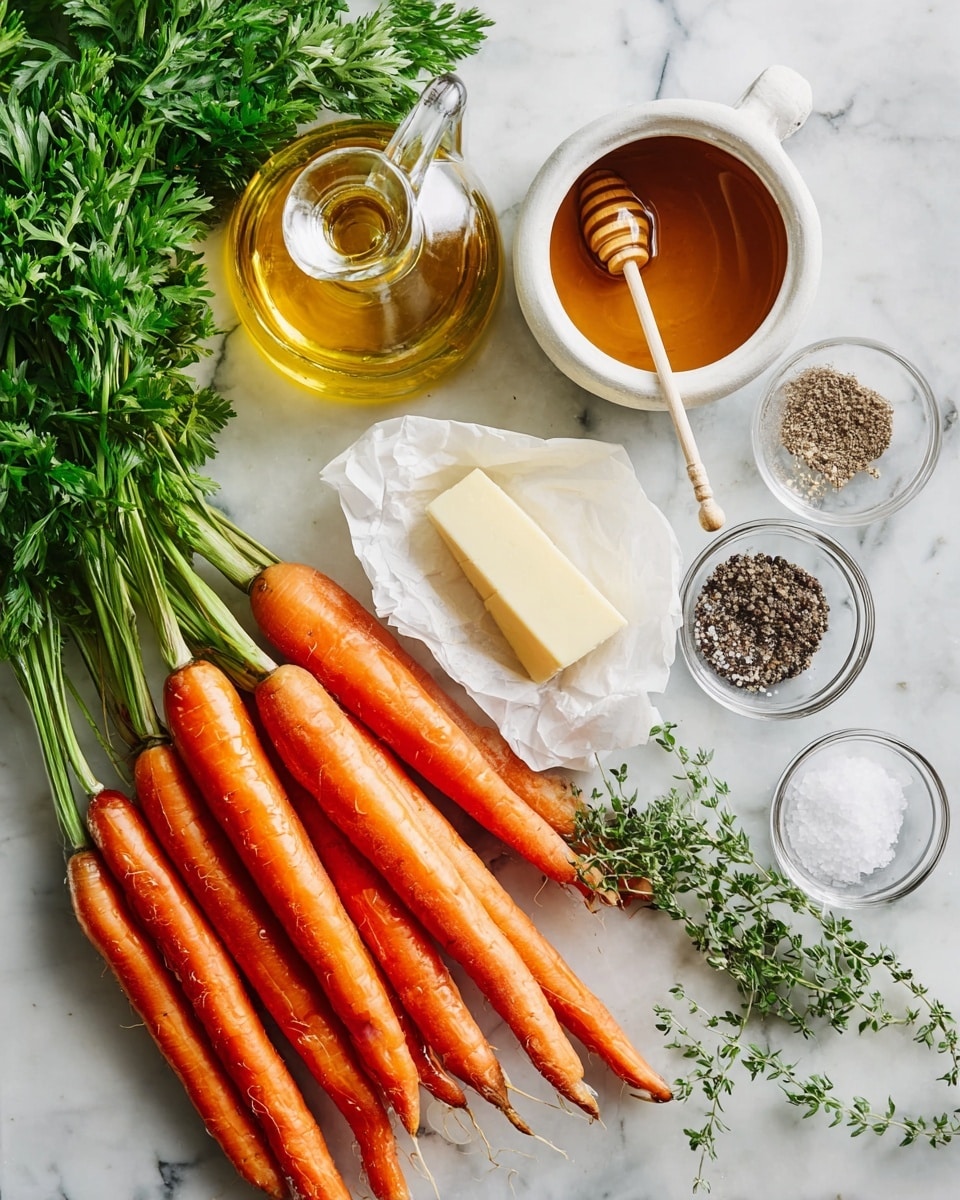 A bunch of fresh whole orange carrots with green leafy tops lies on a white marbled surface on the right side, next to small sprigs of green herbs. Below the carrots is a partially opened stick of pale yellow butter wrapped in white paper, and a bunch of green parsley with broad leaves is placed nearby. On the upper left side, there is a clear glass bottle of light golden oil with a narrow neck and handle. In front of the bottle is a white ceramic container with a rounded lid, open to reveal amber honey with a wooden honey dipper resting inside. Two small clear glass bowls, one filled with coarse sea salt and the other with cracked black pepper, sit near the top right corner. The overall setup is clean and fresh on the white marbled texture. Photo taken with an iphone --ar 4:5 --v 7