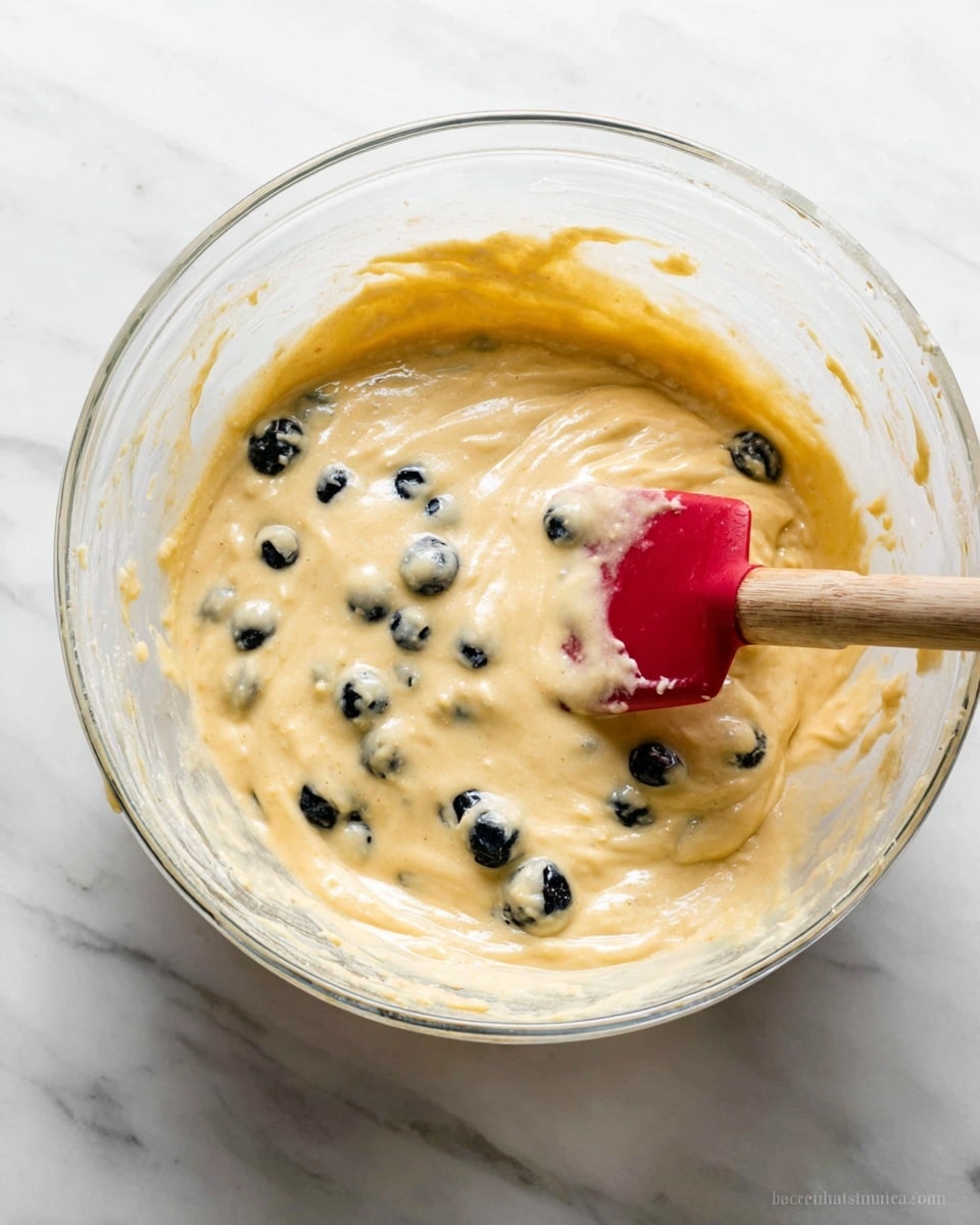 A clear glass bowl filled with light yellow batter mixed with scattered dark blue blueberries is shown, with a red spatula with a wooden handle partly submerged on the right side, stirring the thick, smooth mixture. The bowl rests on a white marbled surface, with some batter residue visible on the inner sides of the bowl. photo taken with an iphone --ar 4:5 --v 7