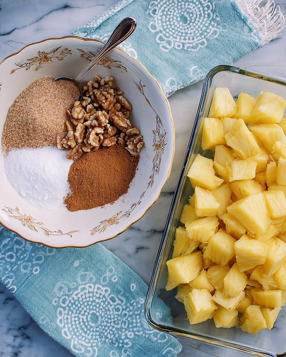 A top-down view shows two containers on a white marbled surface. On the left, a white bowl with a golden rim and floral pattern holds four separate piles: chopped brown nuts at the bottom, light brown sugar in the top left, white flour to the right, and brown cinnamon powder in the center, with a spoon resting on the flour. On the right, a white rectangular glass dish is filled with irregular yellow pineapple chunks. A light blue cloth with white circular patterns lies behind both containers. Photo taken with an iphone --ar 4:5 --v 7