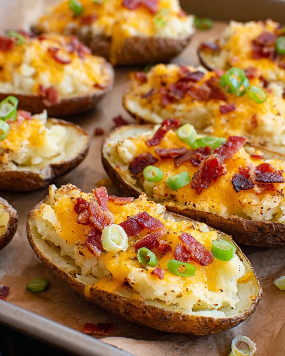 The image shows several potato skins lined up close together on a brown paper over a tray. Each potato skin has four layers: the rough brown potato shell on the outside, a thick layer of creamy mashed potato inside, topped with bright orange melted cheddar cheese, and finished with small red bacon pieces and light green sliced scallions scattered on top. The textures show the crispy potato skin contrasting with the soft filling and melted cheese, with small seasoning specks visible. photo taken with an iphone --ar 4:5 --v 7