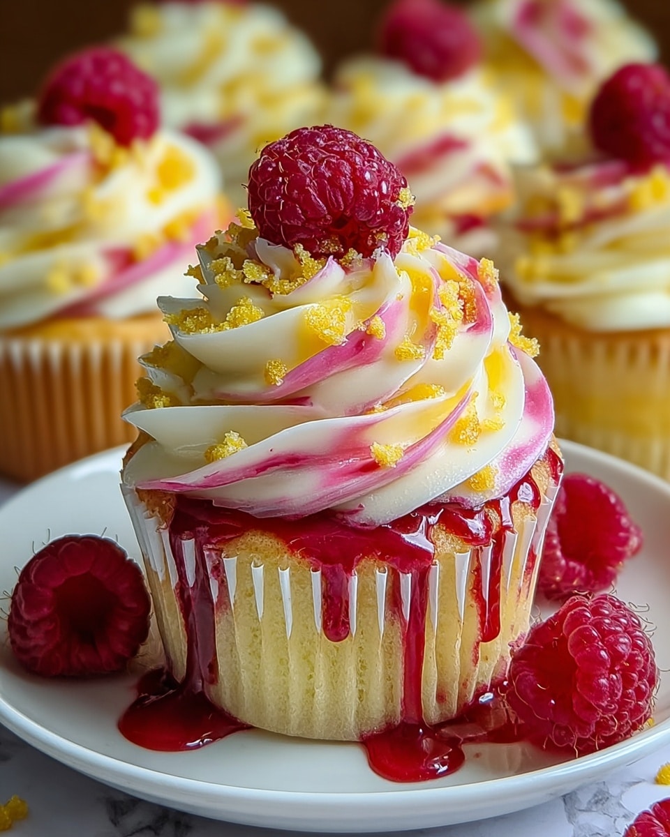 The image shows cupcakes with one main cupcake in front on a white plate, sitting on a white marbled surface. The cupcake has a light yellow base with red berry sauce dripping down the paper wrapper. On top, there is a thick layer of creamy white frosting shaped in soft waves mixed with swirls of pink and yellow glaze. It is decorated with a fresh raspberry and small yellow cake crumbs sprinkled over the frosting. In the background, there are more cupcakes with similar toppings and extra raspberries scattered around. Photo taken with an iphone --ar 4:5 --v 7