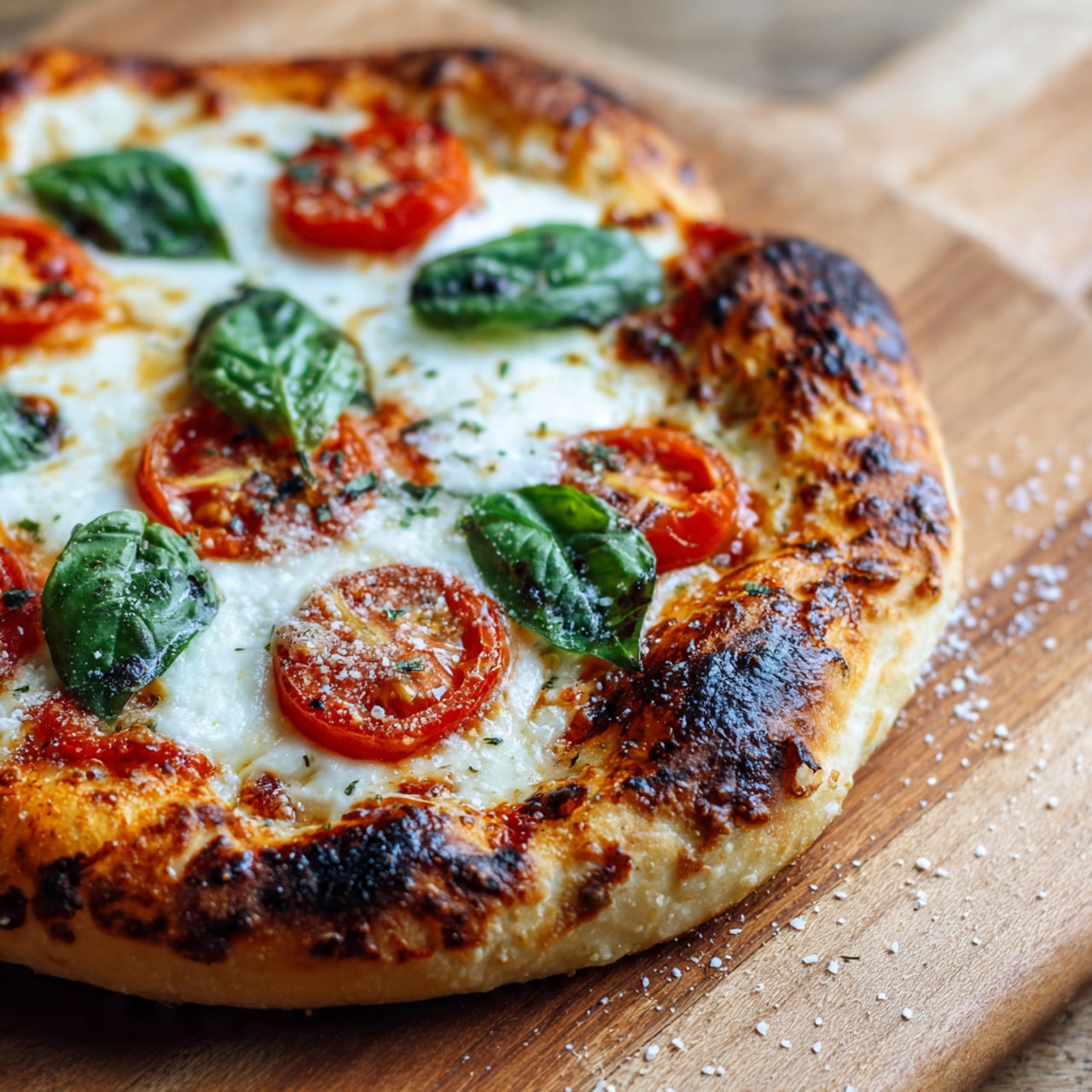 A close-up view of a pizza showing one thick golden brown crust with dark charred spots around the edge. The first layer is melted white cheese spread unevenly on top of a thin layer of red tomato sauce. On top of the cheese, there are slices of red tomatoes and two large green basil leaves sprinkled lightly with salt. The pizza is on a wooden surface with a blurred background. Photo taken with an iphone --ar 4:5 --v 7