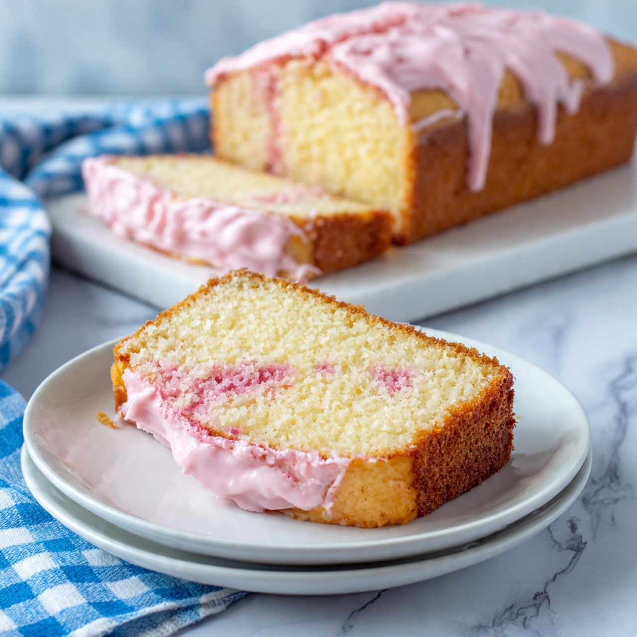 The image shows a sliced loaf cake with one slice placed on a white plate in the front and the rest of the cake on a white plate in the background. The cake has a light golden brown base with a soft, crumbly texture and a layer of pink frosting covering the top and partially dripping over the edges. The slice on the plate reveals the inside of the cake, showing pink swirls mixed within the light yellow crumb. The white plates are set on a white marbled texture surface with a blue and white checkered cloth underneath. photo taken with an iphone --ar 4:5 --v 7