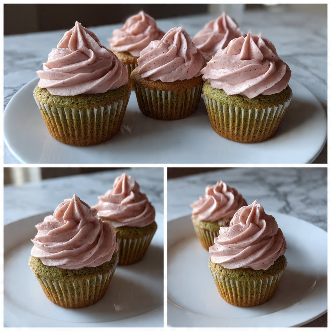 The image shows four cupcakes arranged on a white plate set on a white marbled surface. Each cupcake has a greenish-brown base with a smooth texture and a pink swirl of frosting on top, which looks creamy and slightly speckled with tiny dots. The frosting is piped in layered spirals, rising to a pointed peak with multiple defined ridges. The cupcakes are placed closely, filling the plate, and the light reflects softly off the frosting. Photo taken with an iphone --ar 4:5 --v 7