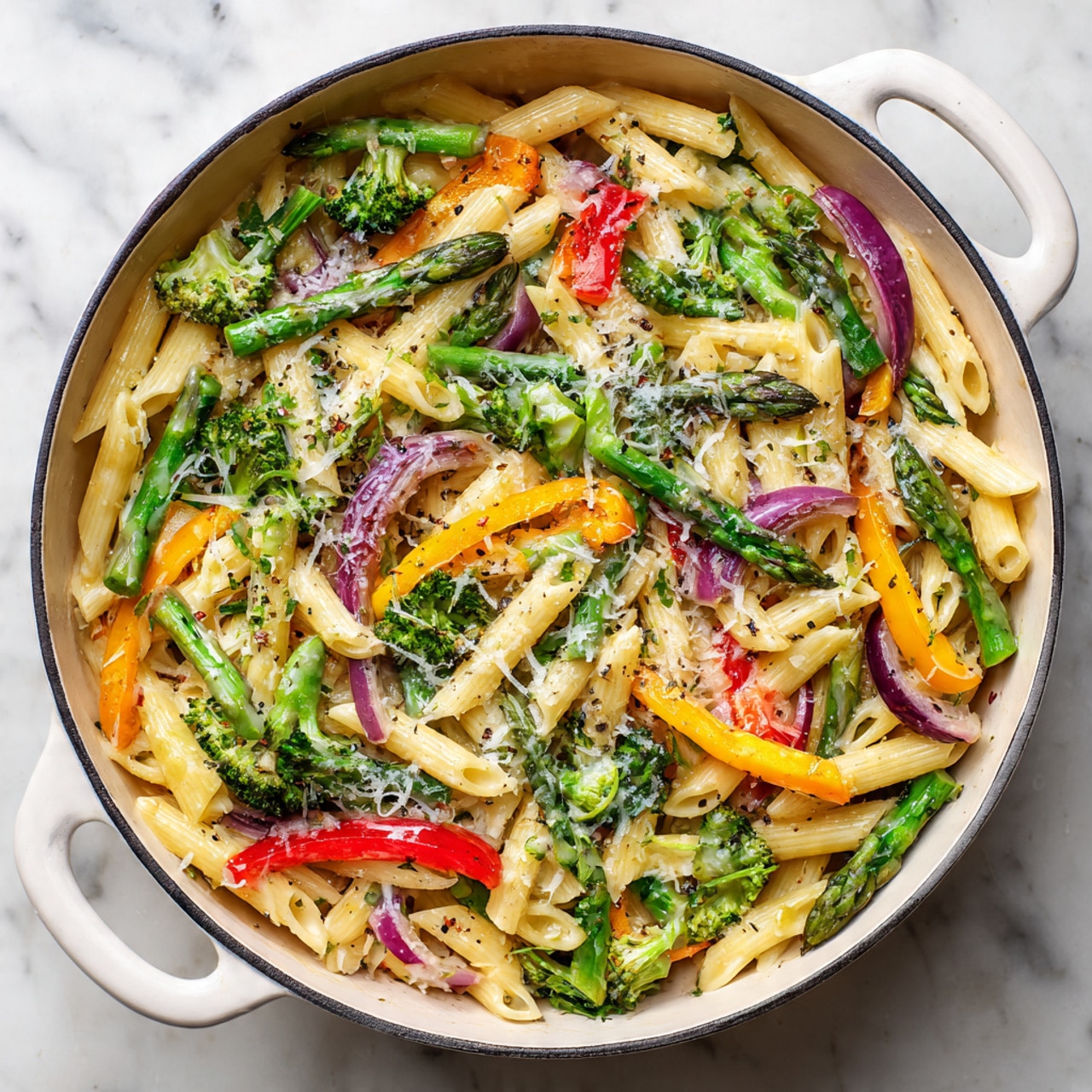 The image shows a round white pot filled with penne pasta mixed with many colorful vegetables. The pasta is pale yellow and smooth, spread evenly throughout the pot. Bright green asparagus pieces and broccoli florets are scattered on top and throughout the pasta, adding a fresh and crunchy texture. Thin slices of red and yellow bell peppers create vibrant splashes of color among the pasta and vegetables. There are also some thin, light purple slices of onion mixed in. The dish is lightly covered with grated cheese and a sprinkle of herbs and black pepper, giving it a slightly textured look. The pot sits on a white marbled surface. photo taken with an iphone --ar 4:5 --v 7