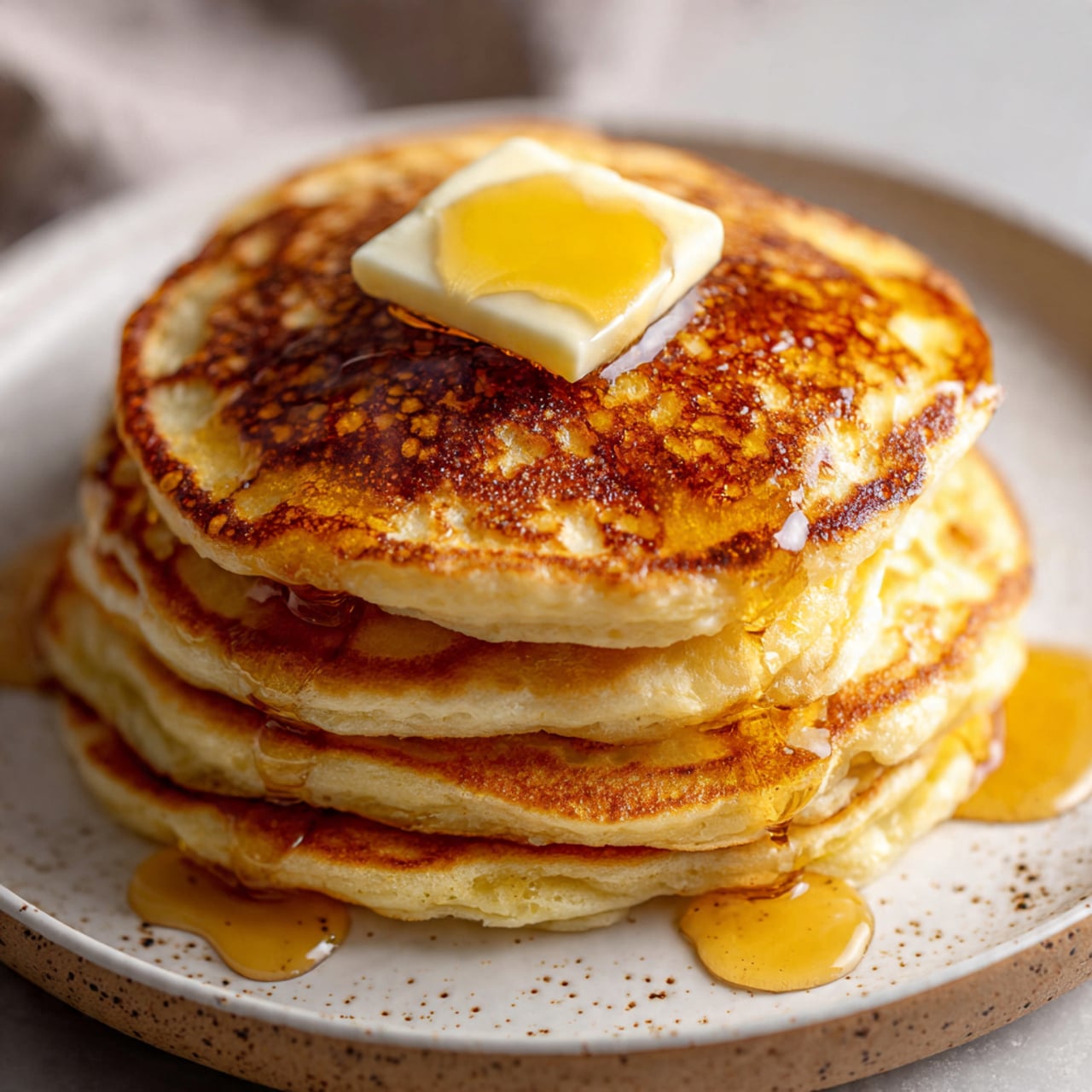 A stack of four golden pancakes sits on a white plate with small brown speckles, each pancake thick and fluffy with a textured surface showing light and darker golden brown spots. On top of the stack is a square of melting butter, creamy white with soft edges, slowly melting and spreading golden syrup that drips gently down the sides of the pancakes. The background is softly blurred, focusing attention on the warm tones and textures of the pancakes and syrup. Photo taken with an iphone --ar 4:5 --v 7